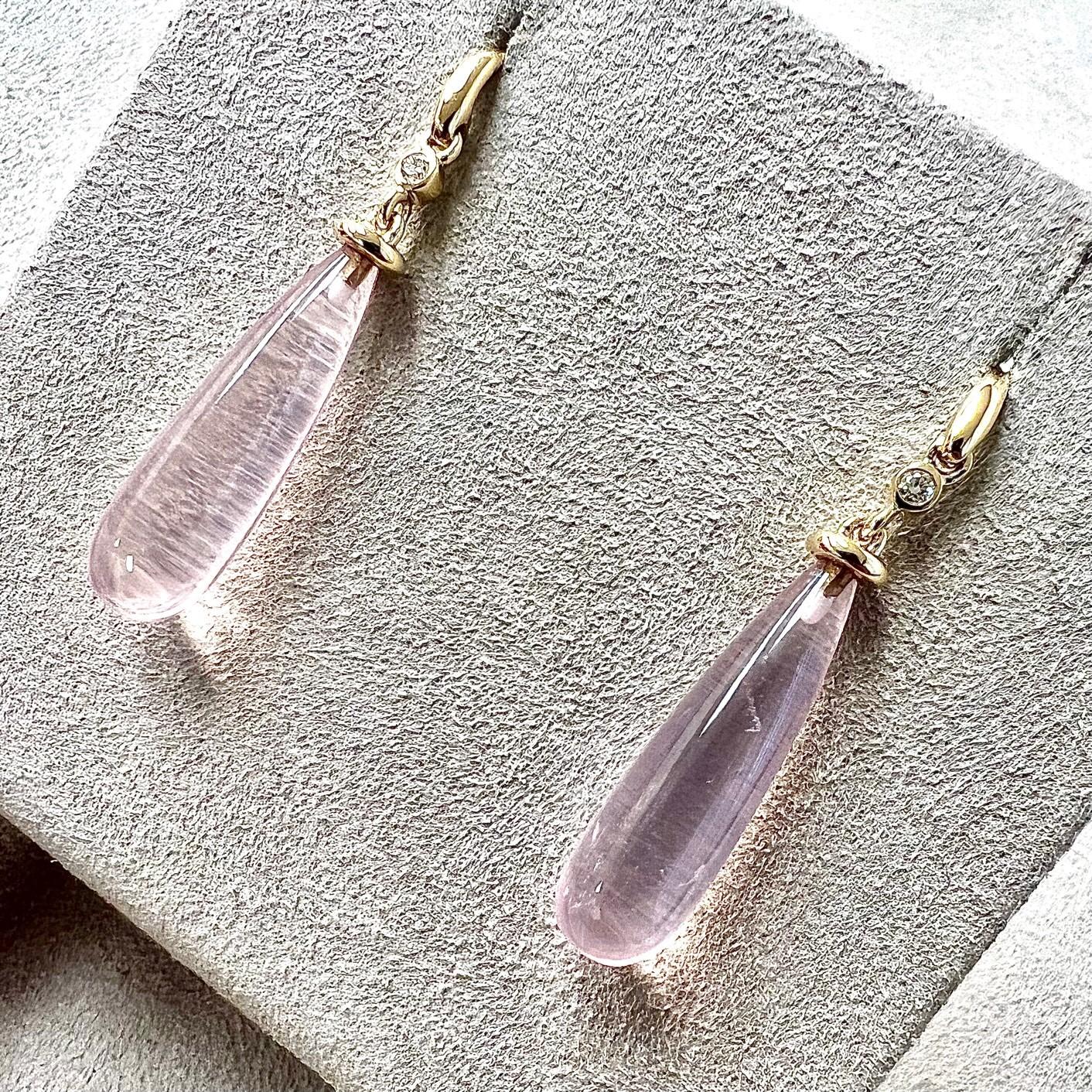 Contemporary Syna Yellow Gold Rose Quartz Drop Earrings with Champagne Diamonds For Sale