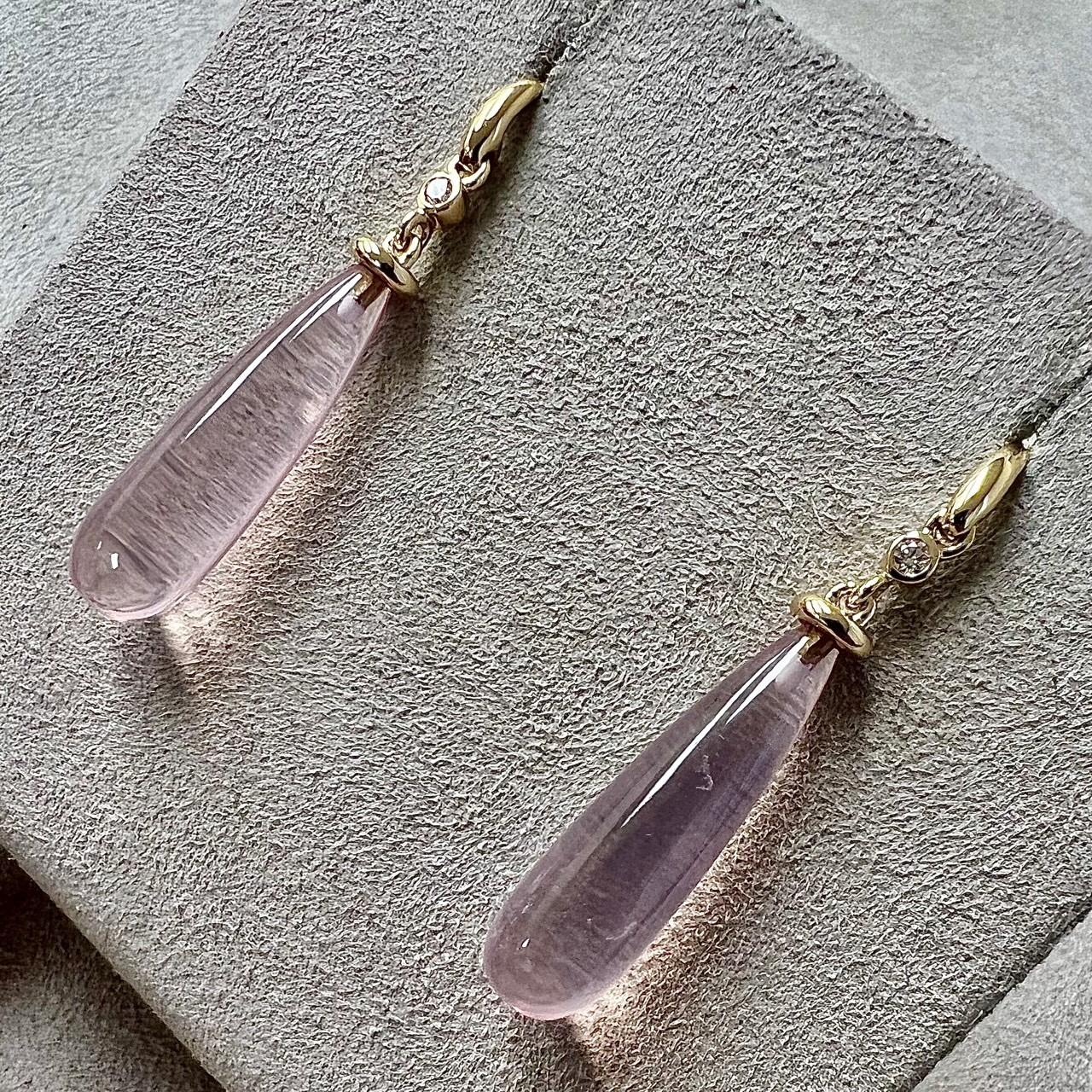 Round Cut Syna Yellow Gold Rose Quartz Drop Earrings with Champagne Diamonds For Sale