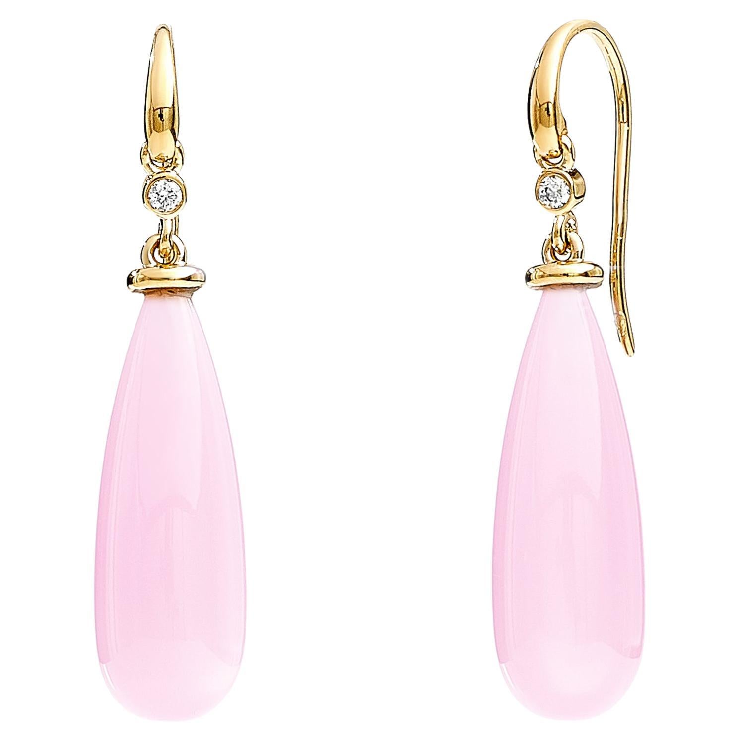 Syna Yellow Gold Rose Quartz Drop Earrings with Champagne Diamonds For Sale