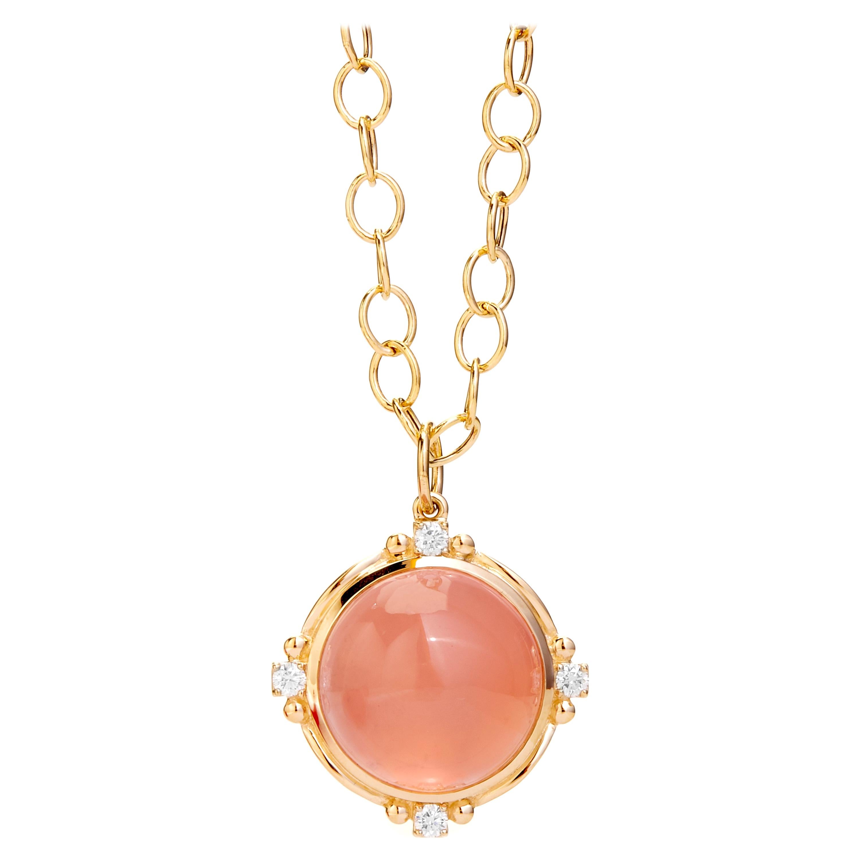 Syna Yellow Gold Rose Quartz Pendant with Champagne Diamonds For Sale