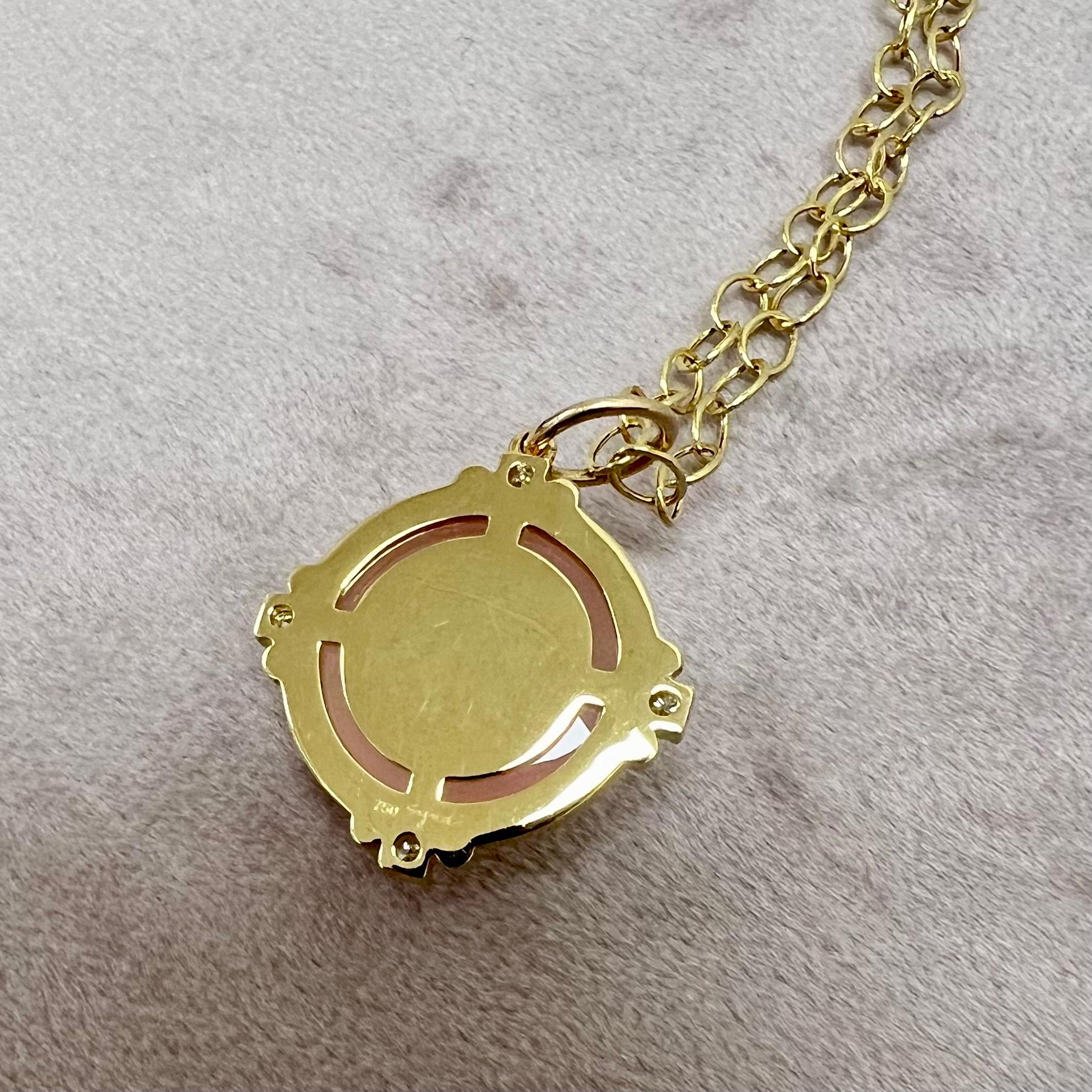 Contemporary Syna Yellow Gold Rose Quartz Pendant with Diamonds For Sale