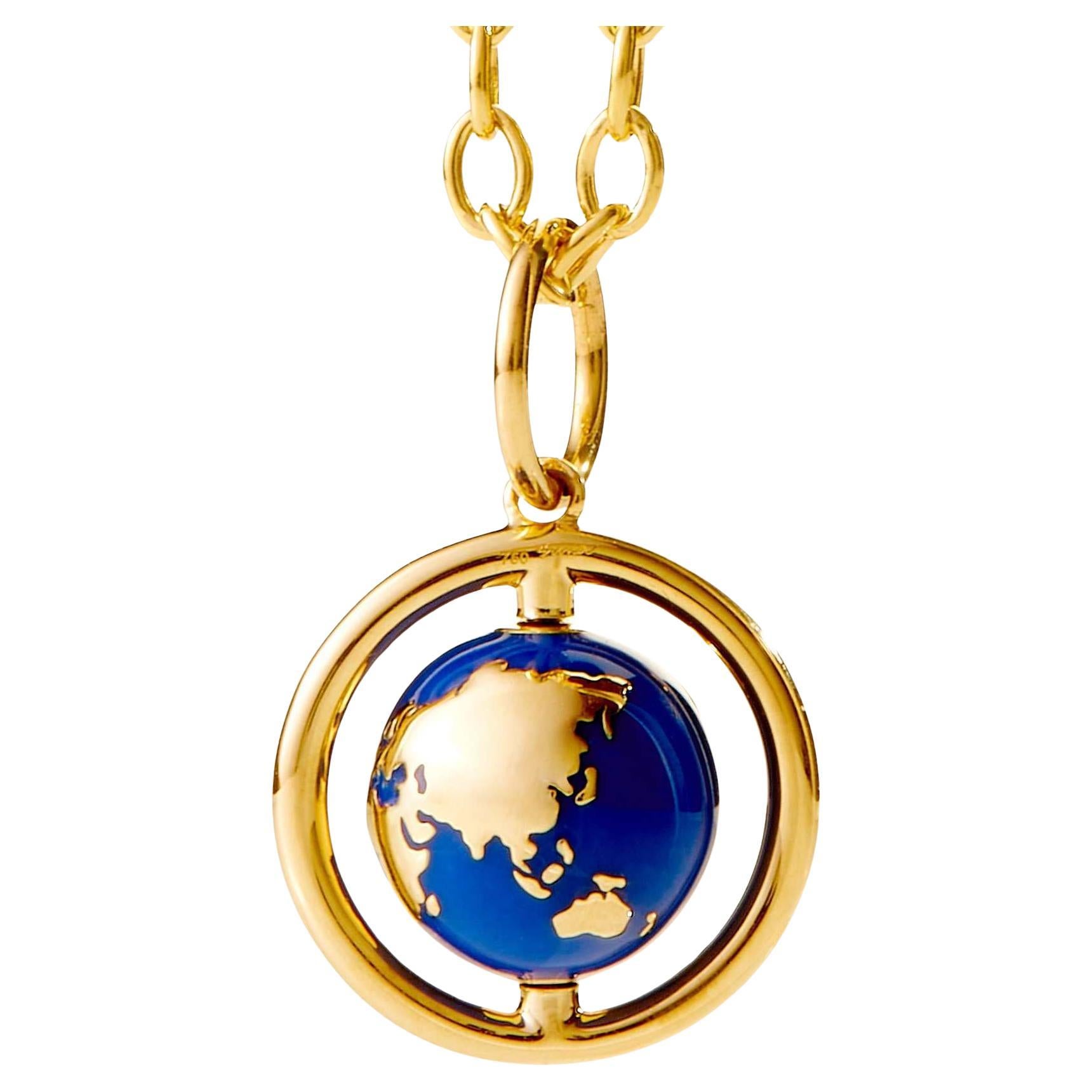Syna Yellow Gold Rotating Earth Pendant with Lapis Enamel