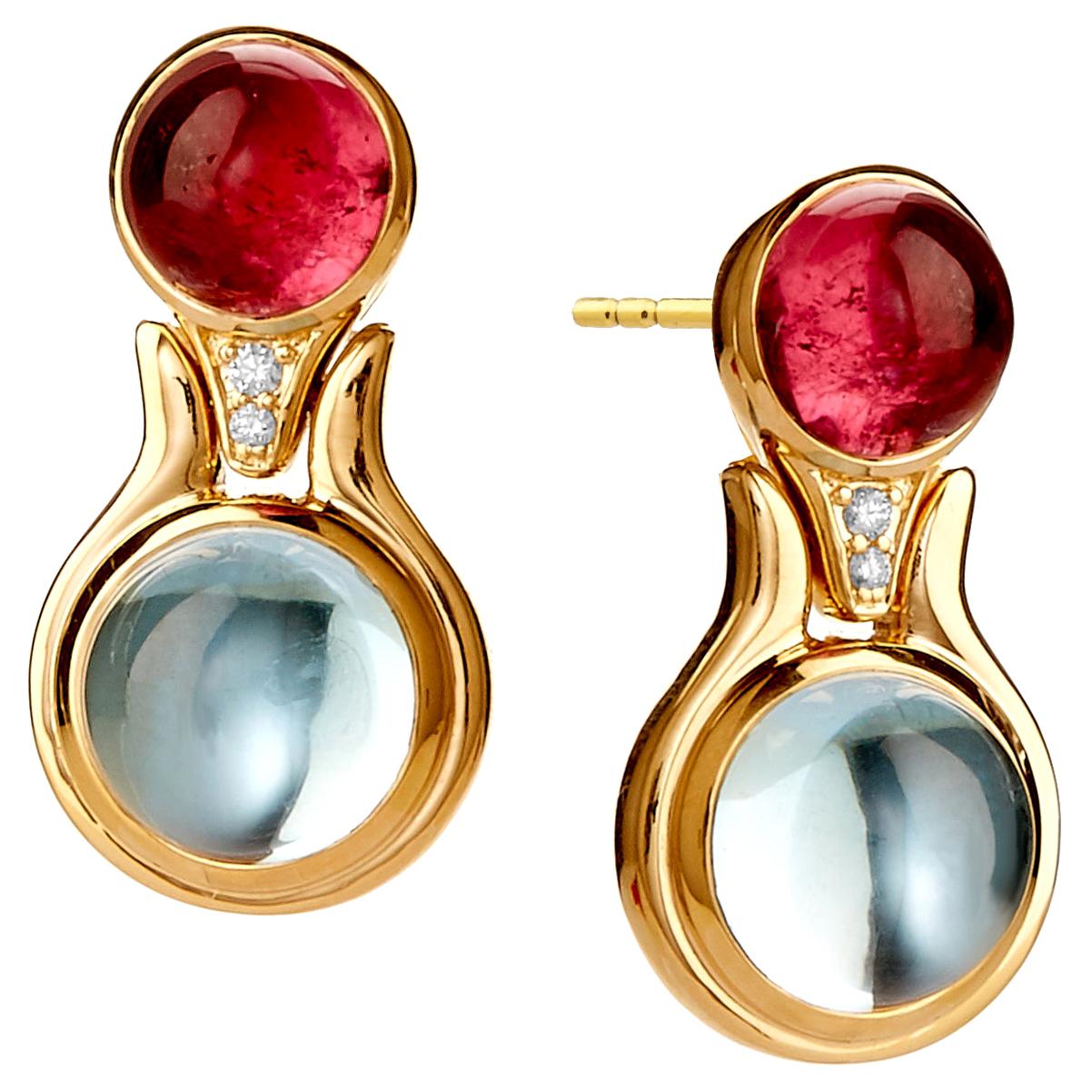 Syna Yellow Gold Rubellite and Blue Topaz Earrings with Diamonds For Sale