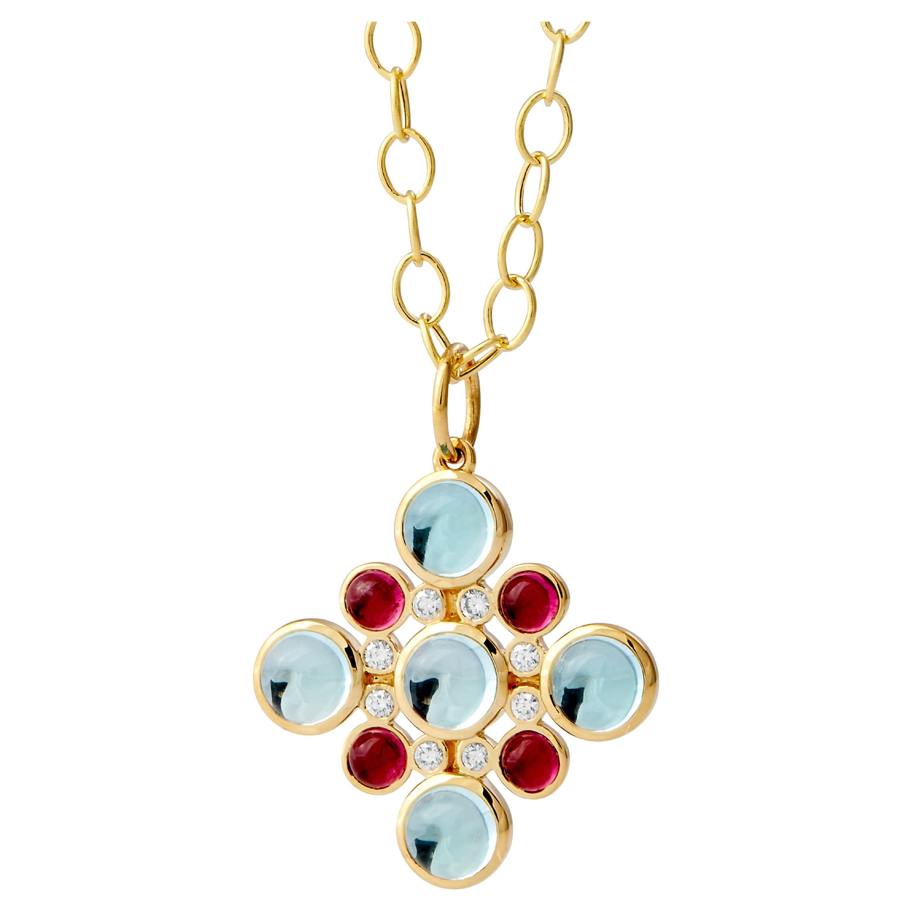 Pendentif Syna en or jaune, rubellite et topaze bleue avec diamants