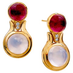 Syna Yellow Gold Rubellite and Moon Quartz Earrings with Champagne Diamonds