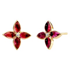 Syna Yellow Gold Rubellite Flower Earrings with Diamonds