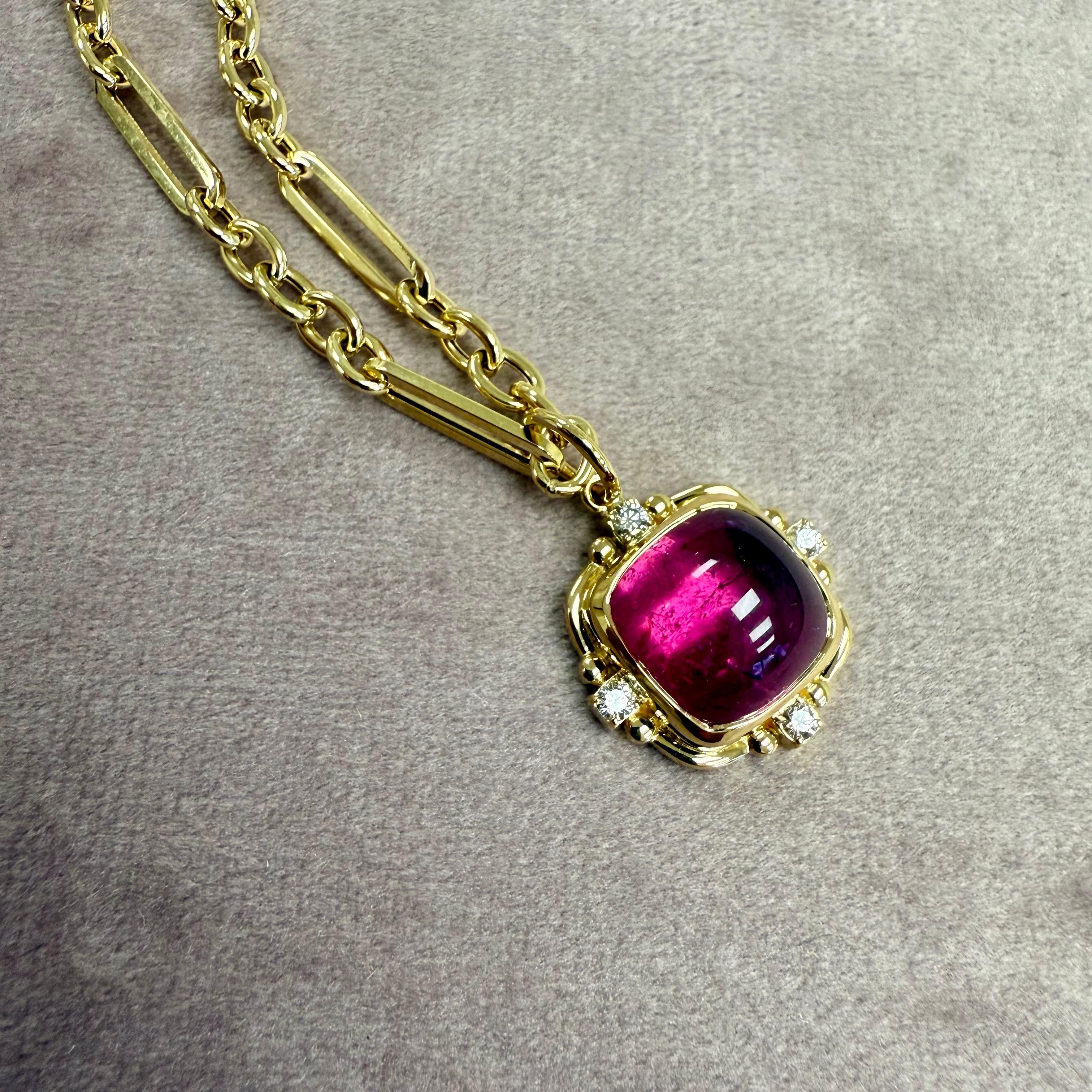 Syna Yellow Gold Rubellite Sugarloaf Pendant with Diamonds In condizioni Nuovo in vendita a Fort Lee, NJ