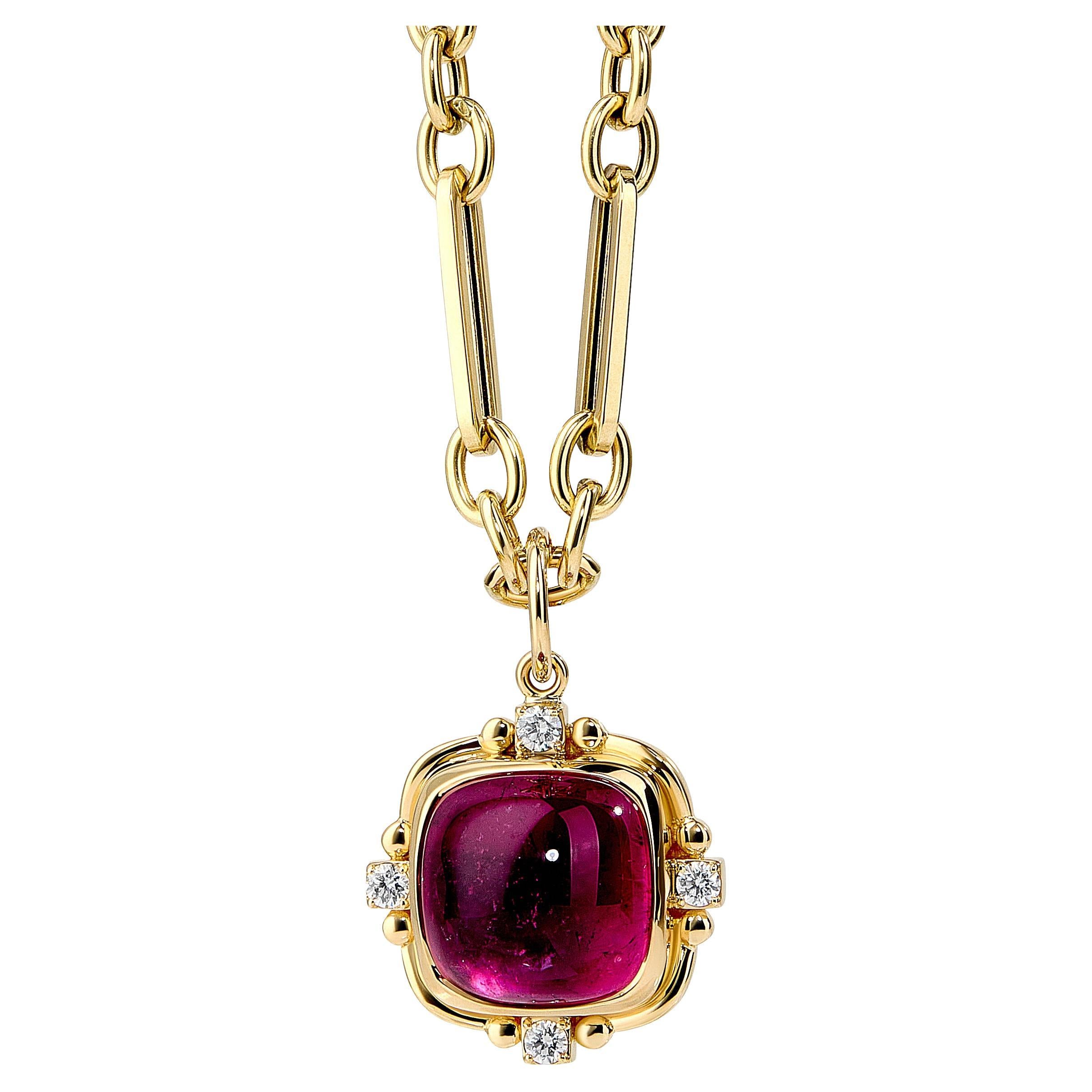 Syna Yellow Gold Rubellite Sugarloaf Pendant with Diamonds in vendita