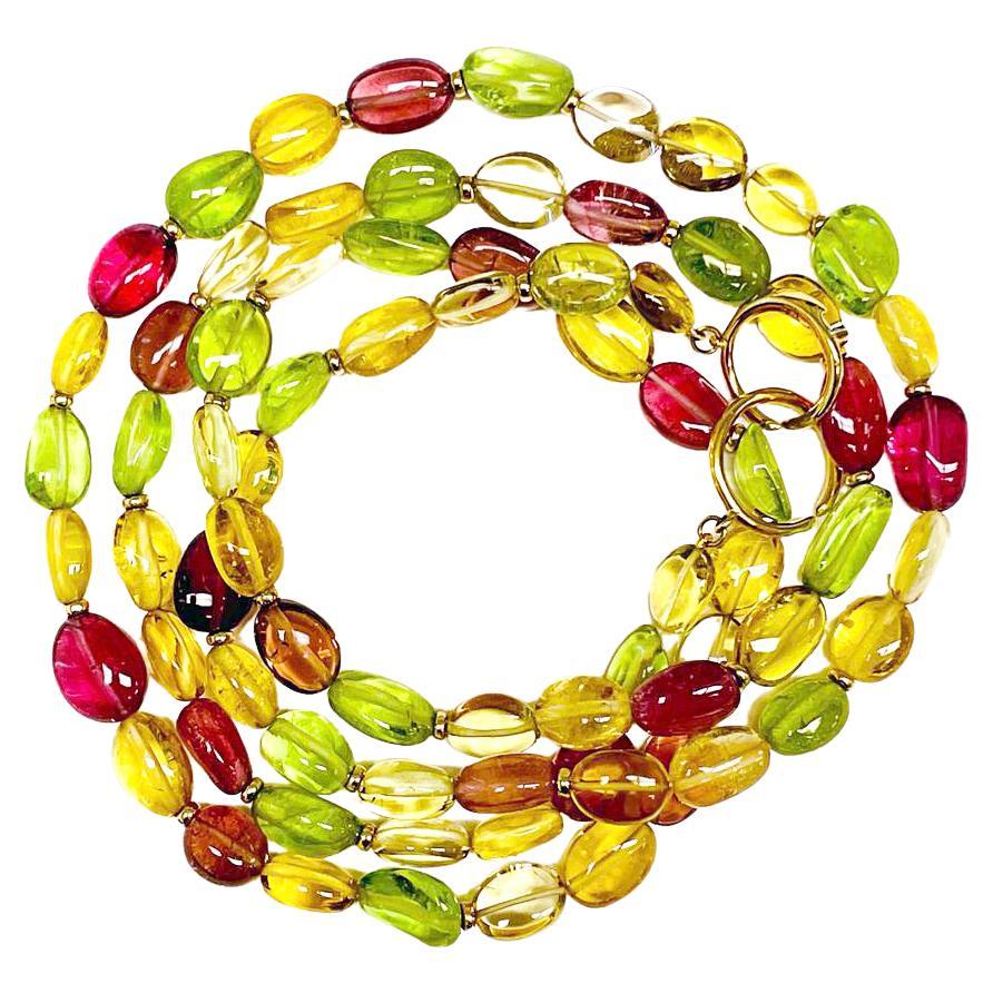 Syna Yellow Gold Rubellite, Yellow Beryl and Peridot Gold Bead Necklace For Sale