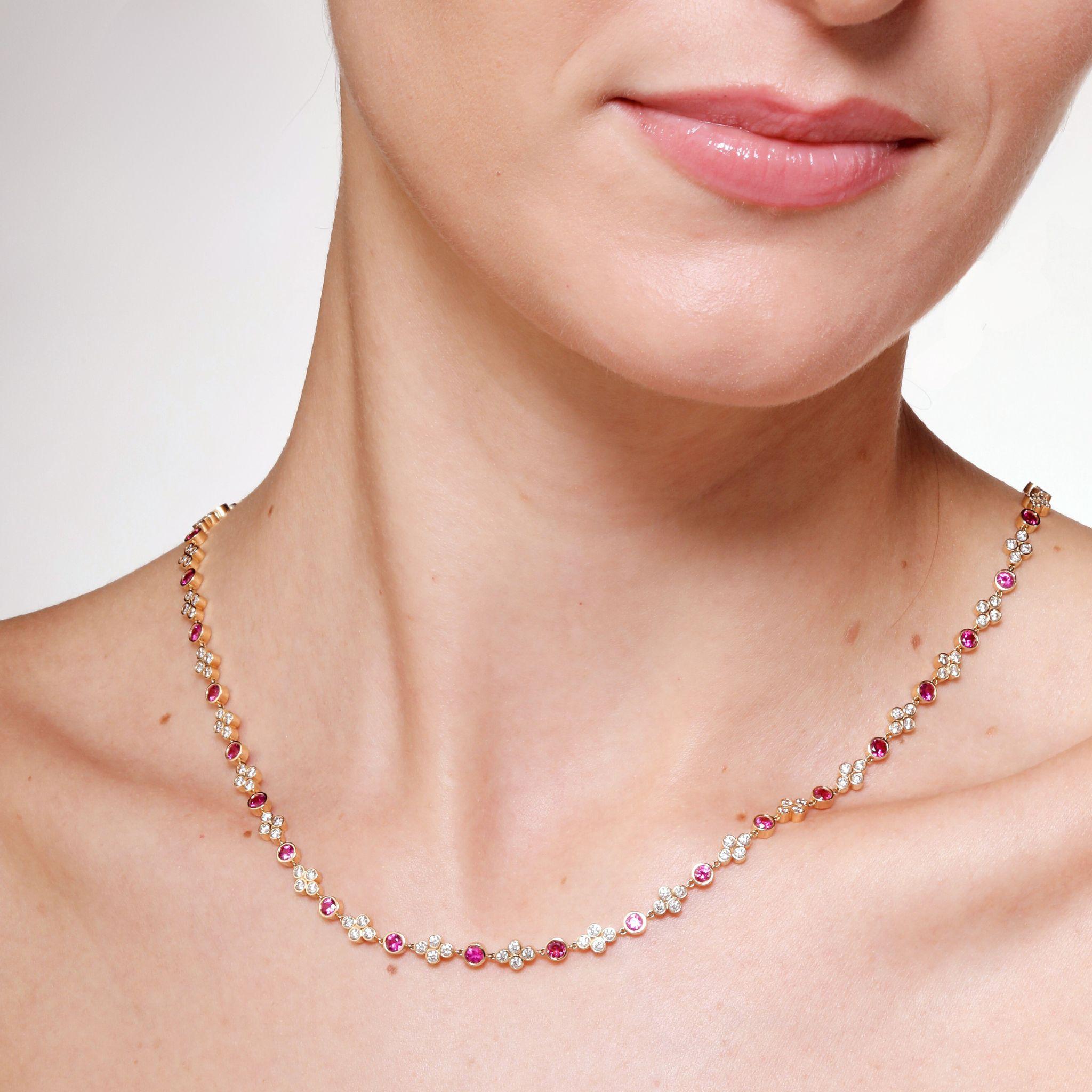 Contemporary Syna Yellow Gold Rubies Flower Necklace with Diamonds For Sale