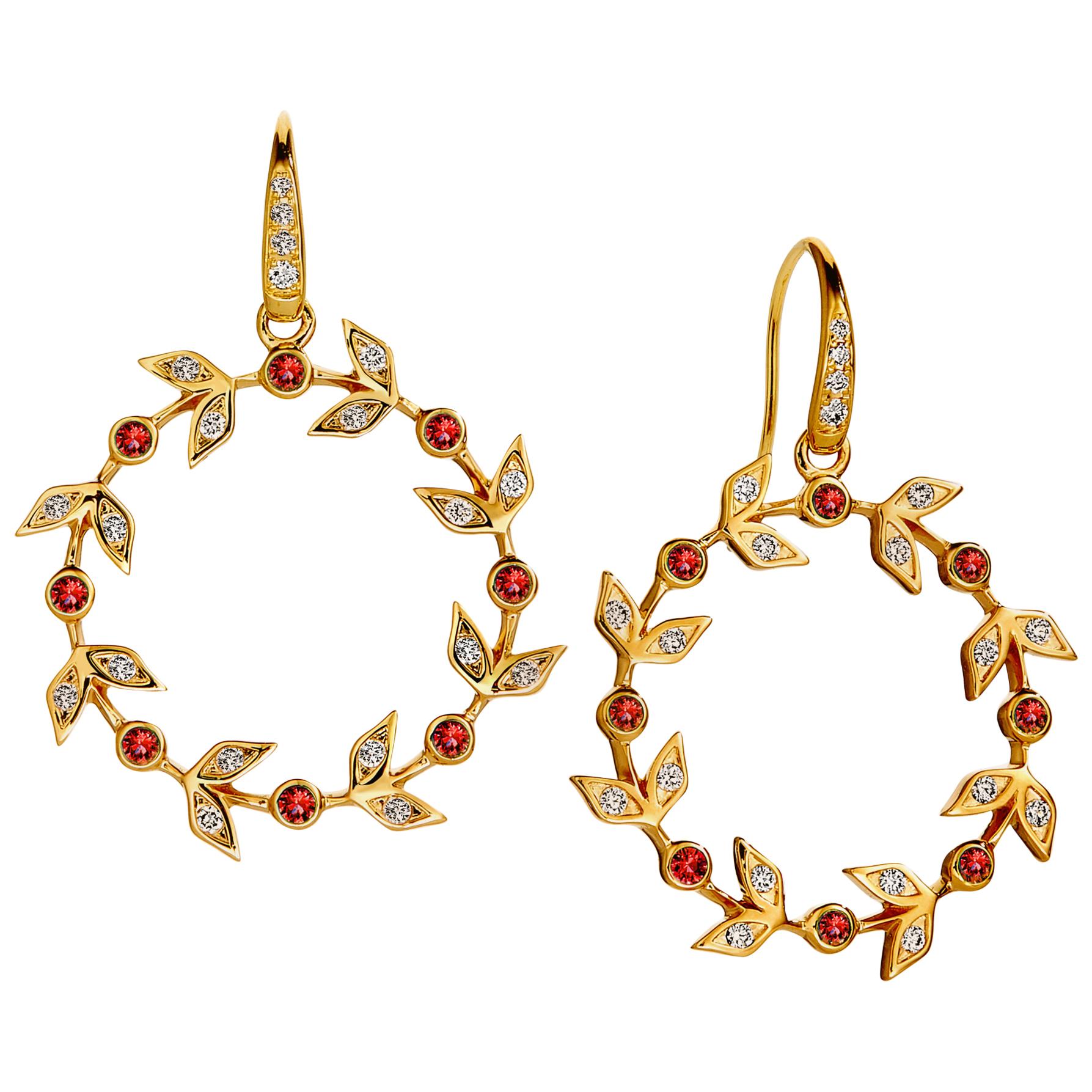 Syna Yellow Gold Ruby Twine Earrings with Diamonds For Sale
