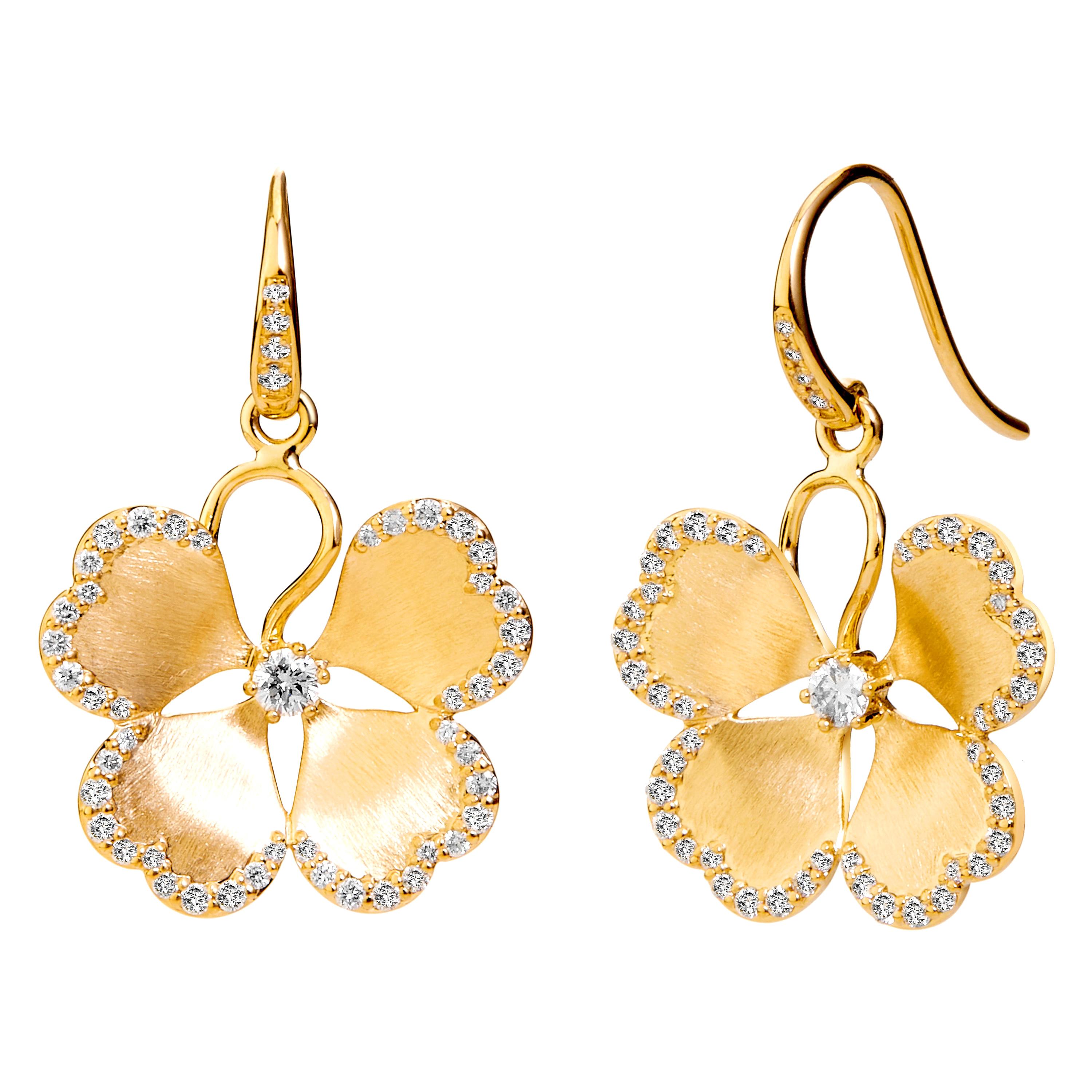 Syna Yellow Gold Satin Flower Earrings with Diamonds For Sale