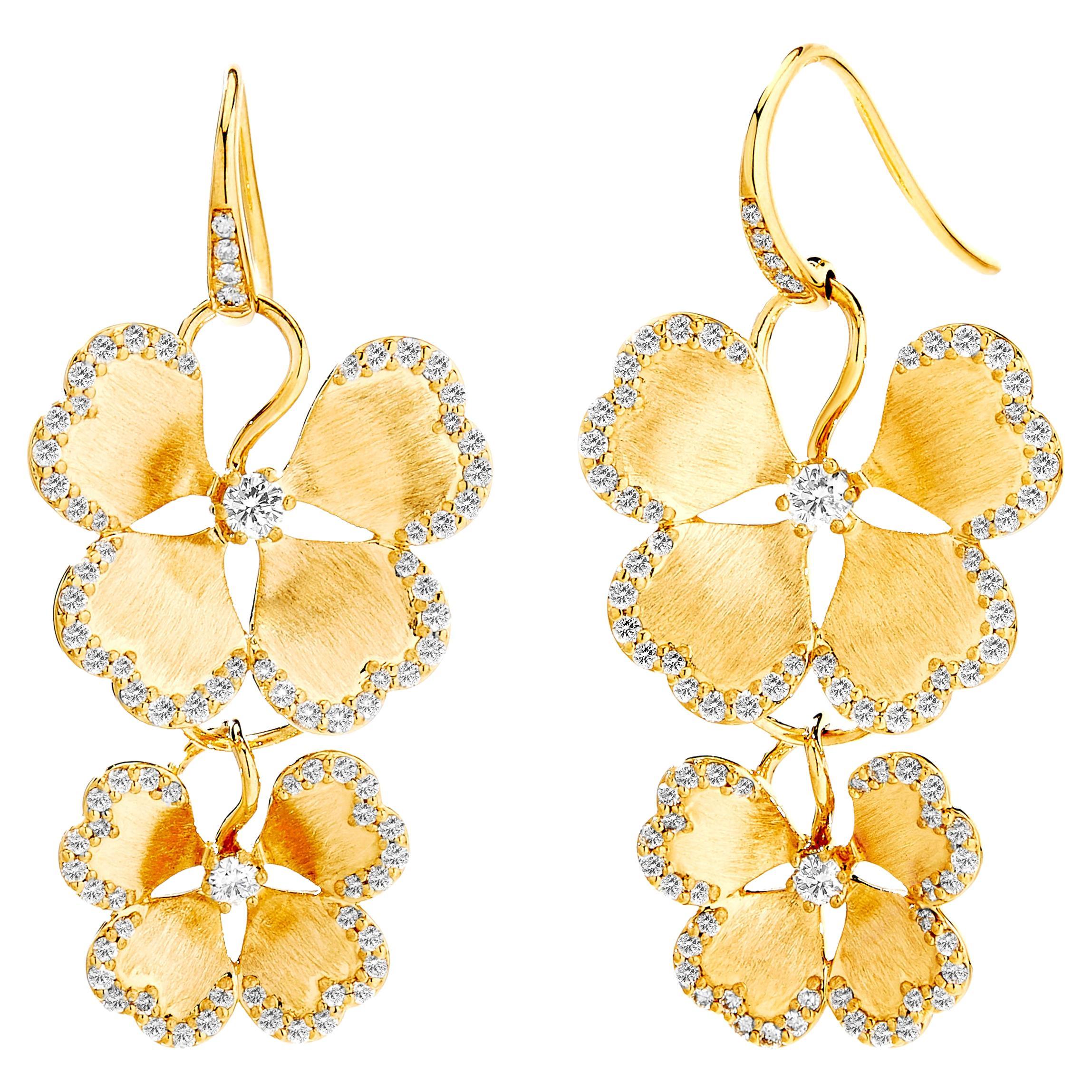 Syna Yellow Gold Satin Flower Earrings with Diamonds For Sale