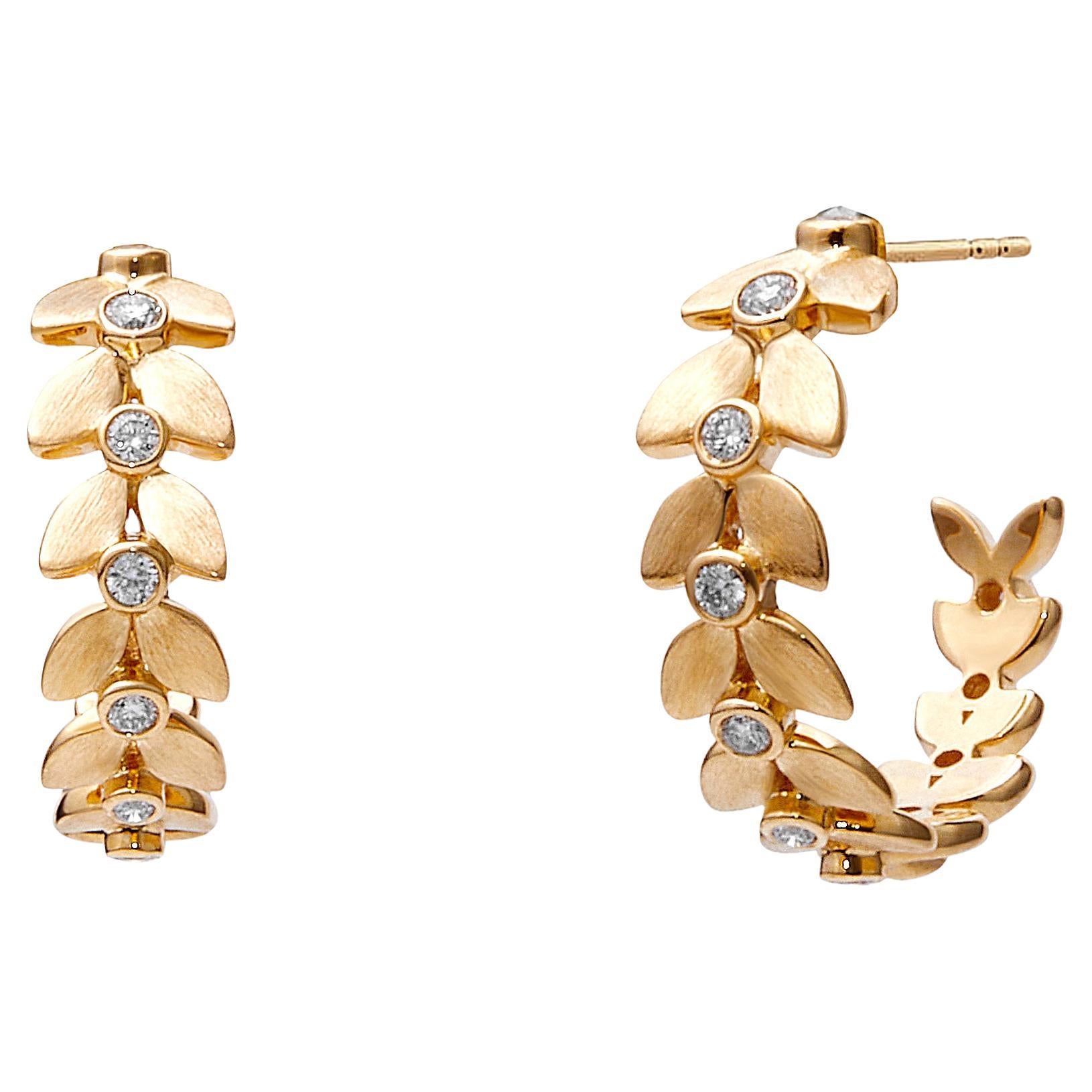 Syna Yellow Gold Satin Leaf Hoop Earrings with Diamonds