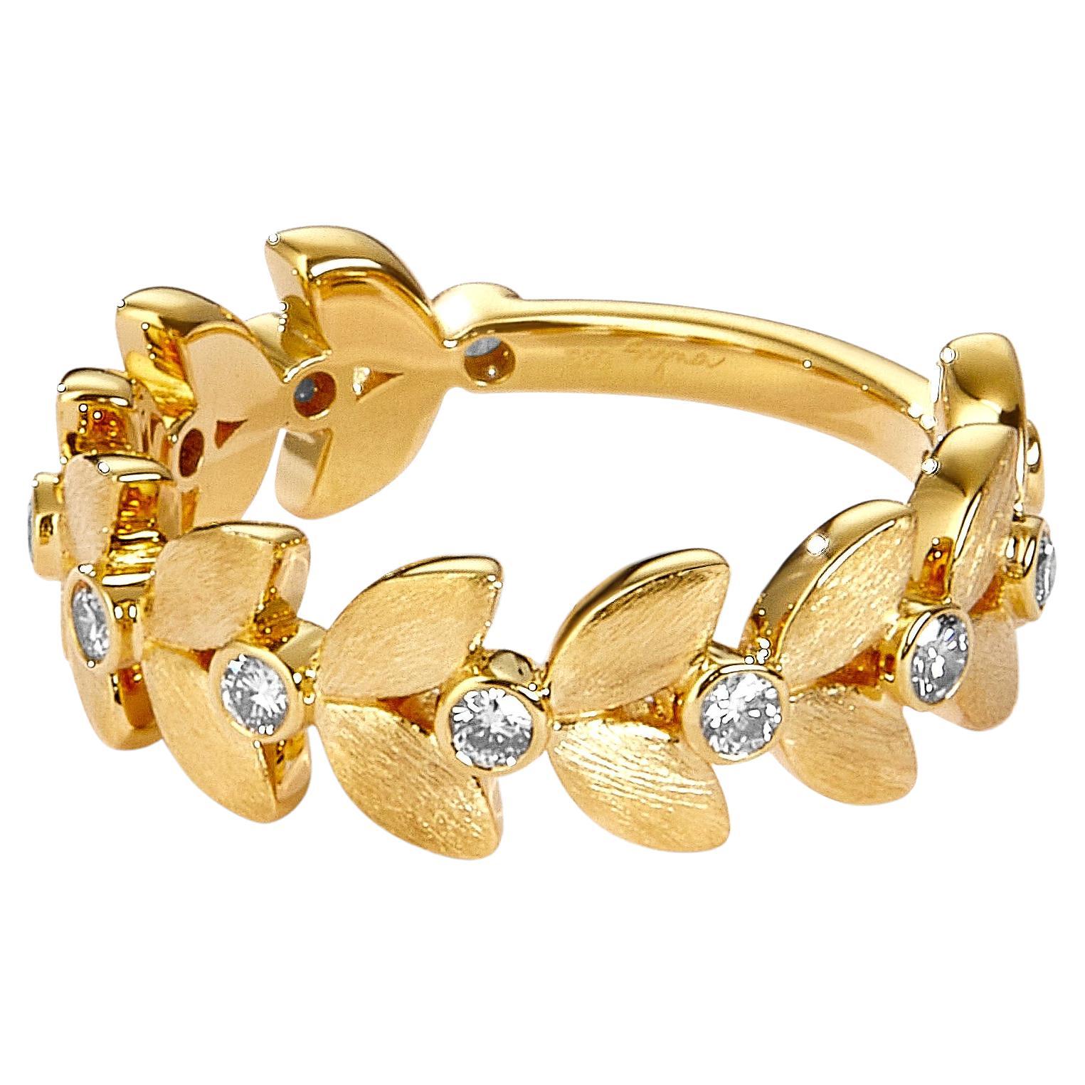 Syna Yellow Gold Satin Leaf Ring with Diamonds For Sale