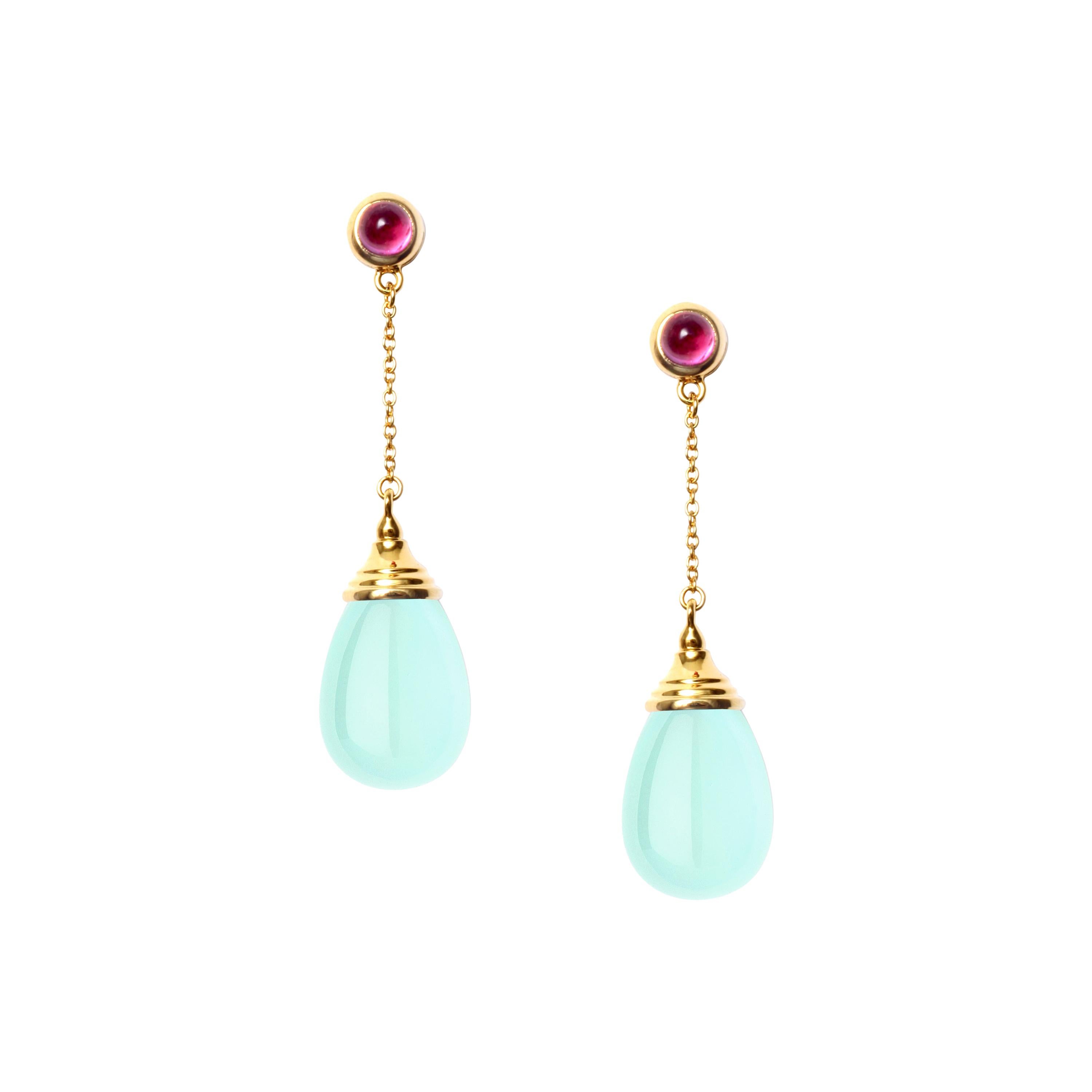 Syna Yellow Gold Sea Green Chalcedony and Rubellite Mogul Drop Chain Earrings