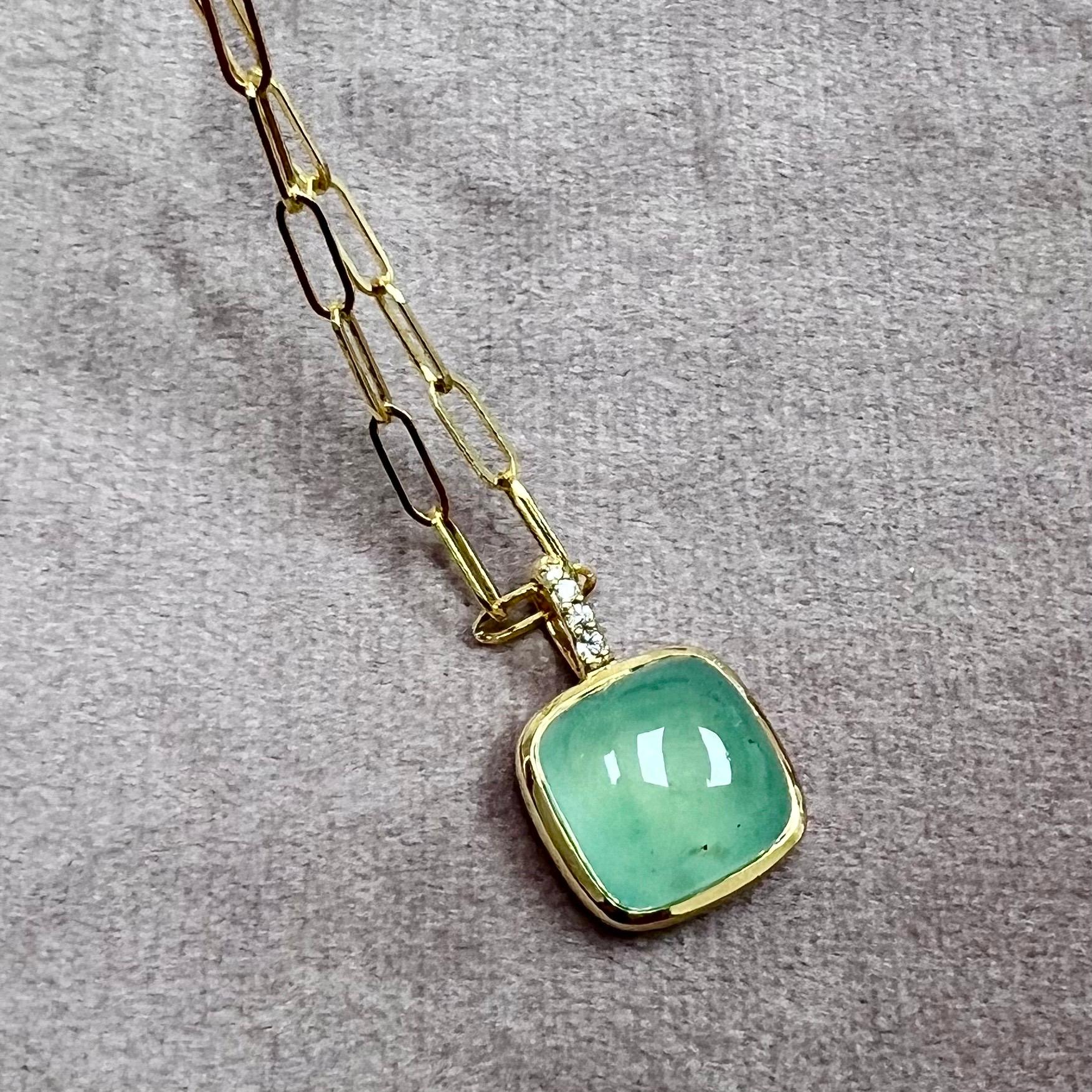 Created in 18 karat yellow gold
Sea Green Chalcedony 5.50 carats approx.
Diamonds 0.02 carat approx.
18 inch solid thin paper clip chain

 About the Designers ~ Dharmesh & Namrata

Drawing inspiration from little things, Dharmesh & Namrata Kothari