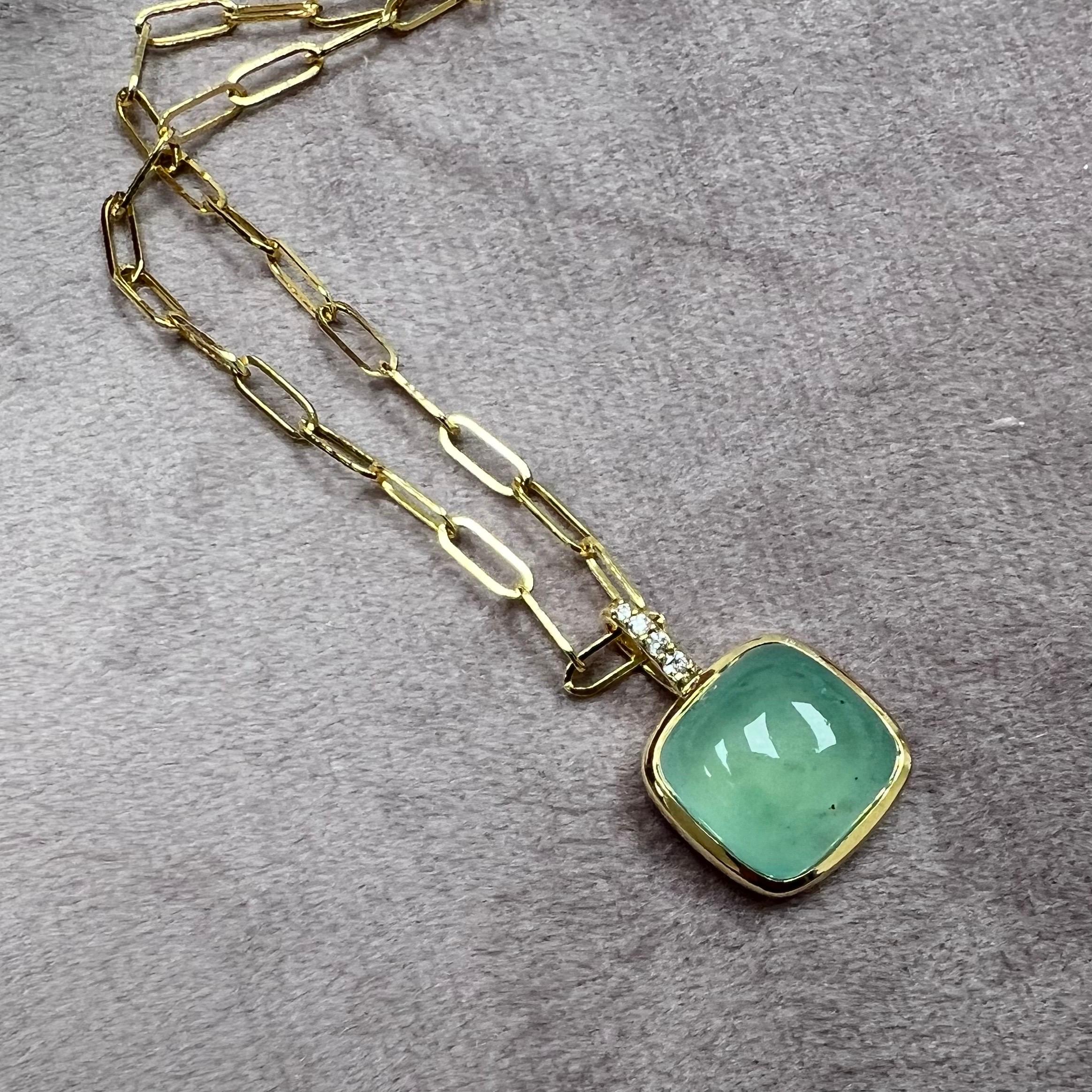 Contemporary Syna Yellow Gold Sea Green Chalcedony Sugarloaf Pendant Necklace with Diamonds For Sale