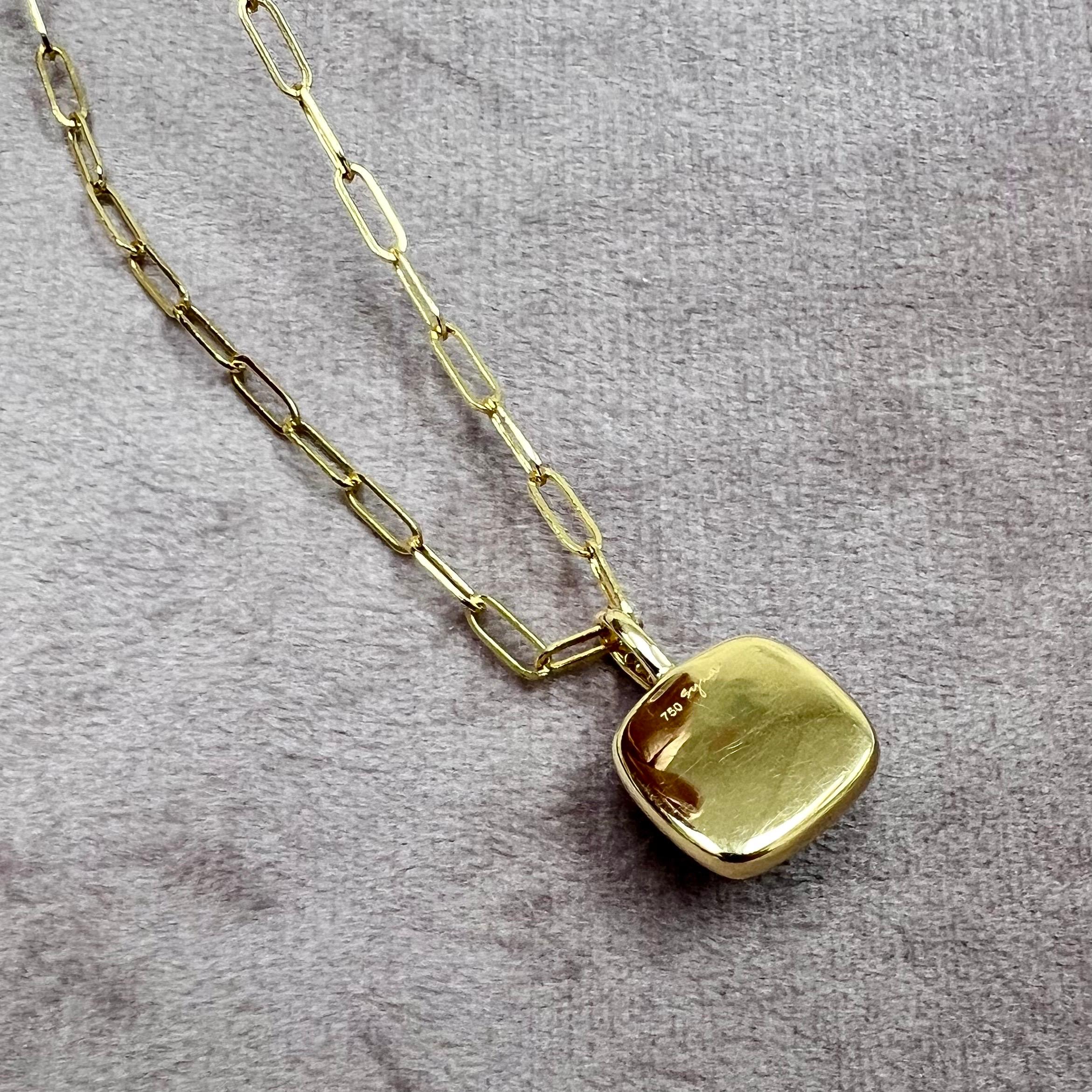 Mixed Cut Syna Yellow Gold Sea Green Chalcedony Sugarloaf Pendant Necklace with Diamonds For Sale