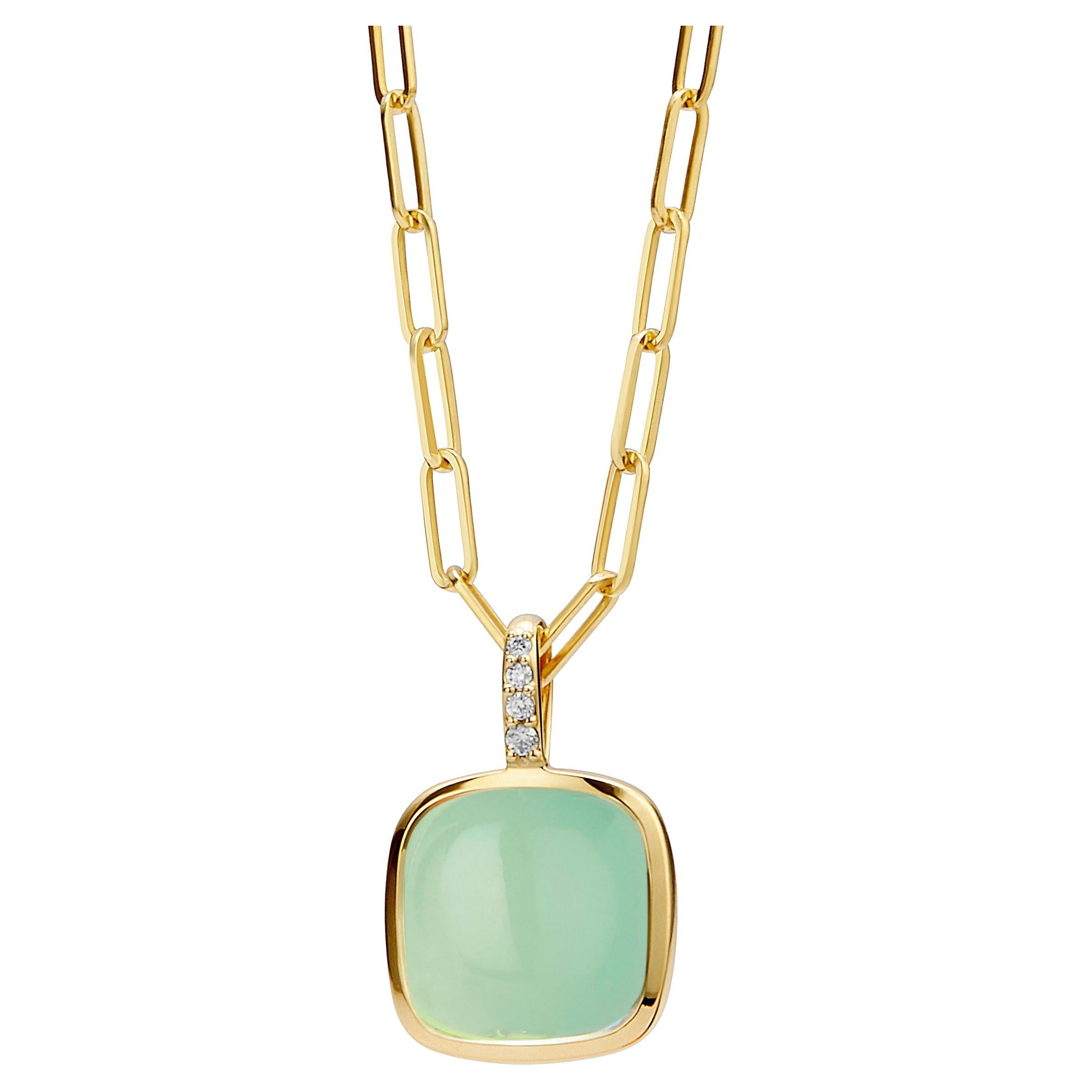 Syna Yellow Gold Sea Green Chalcedony Sugarloaf Pendant Necklace with Diamonds