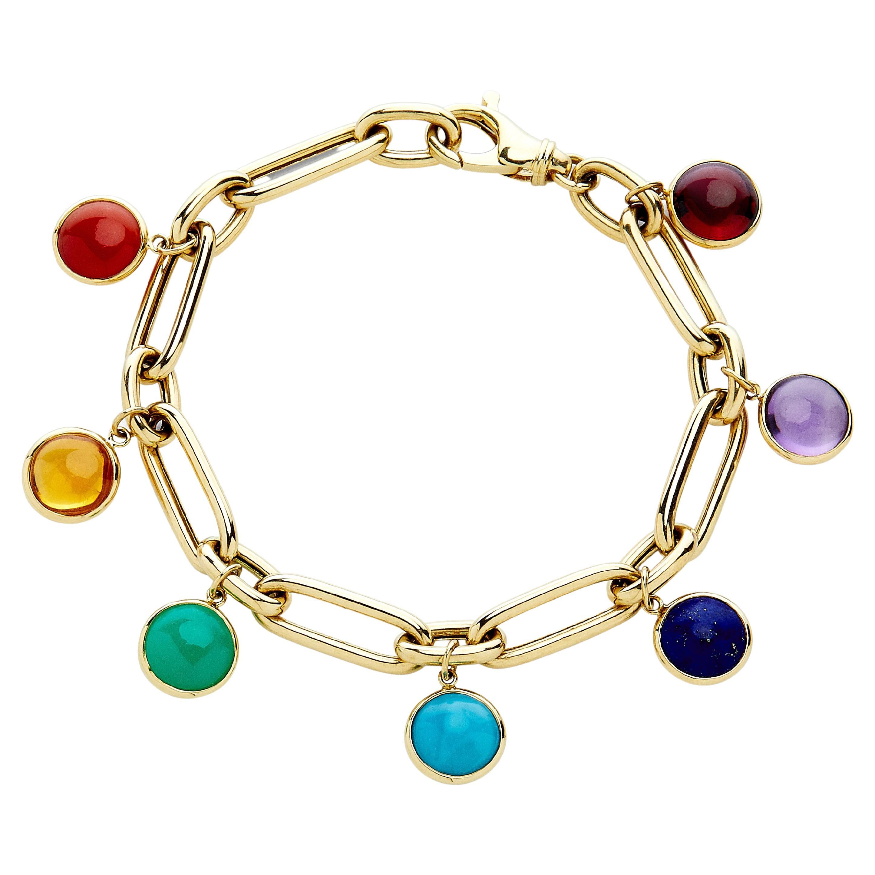 Syna Yellow Gold Seven Chakra Charm Rounded Paper Clip Bracelet For Sale