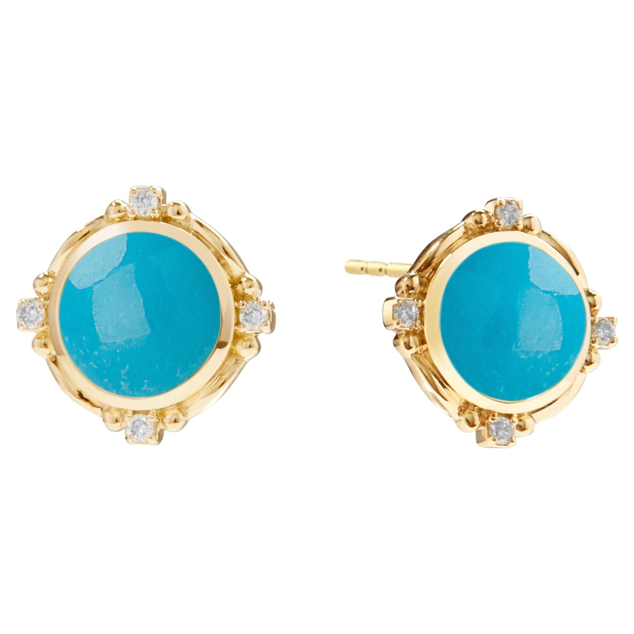Syna Yellow Gold Sleeping Beauty Turquoise Earrings with Diamonds