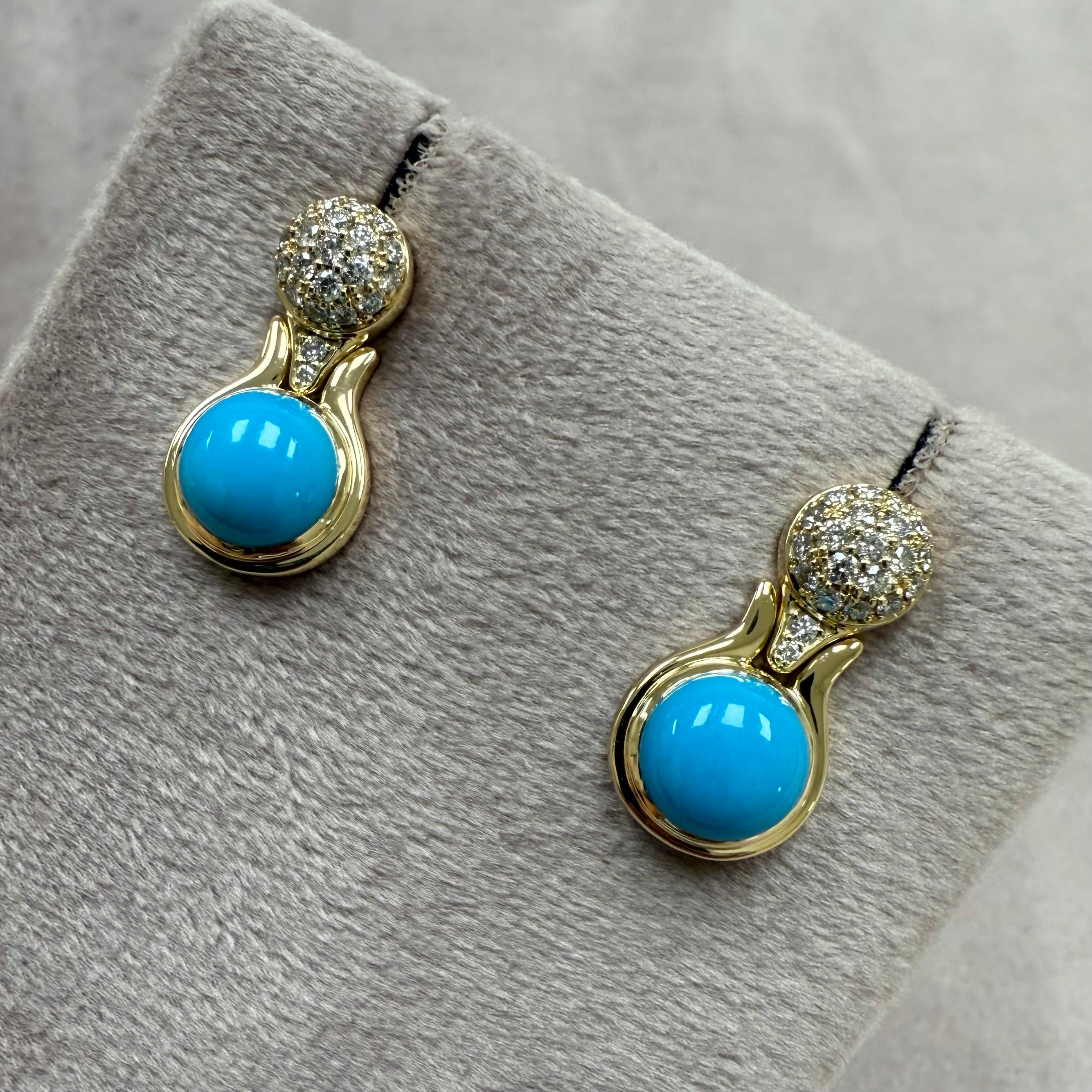 Cabochon Syna Yellow Gold Sleeping Beauty Turquoise Earrings with Diamonds
