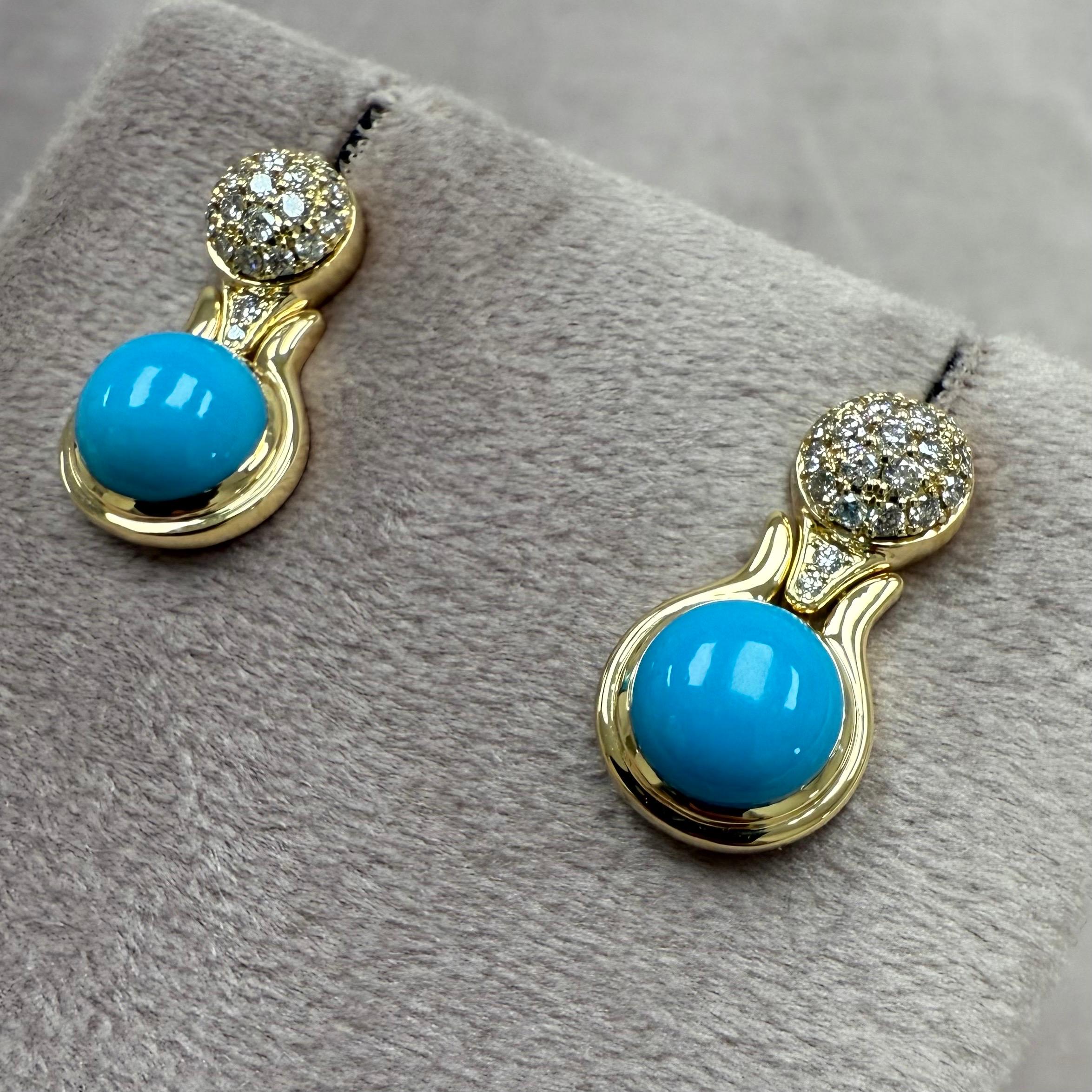 Syna Yellow Gold Sleeping Beauty Turquoise Earrings with Diamonds In New Condition In Fort Lee, NJ