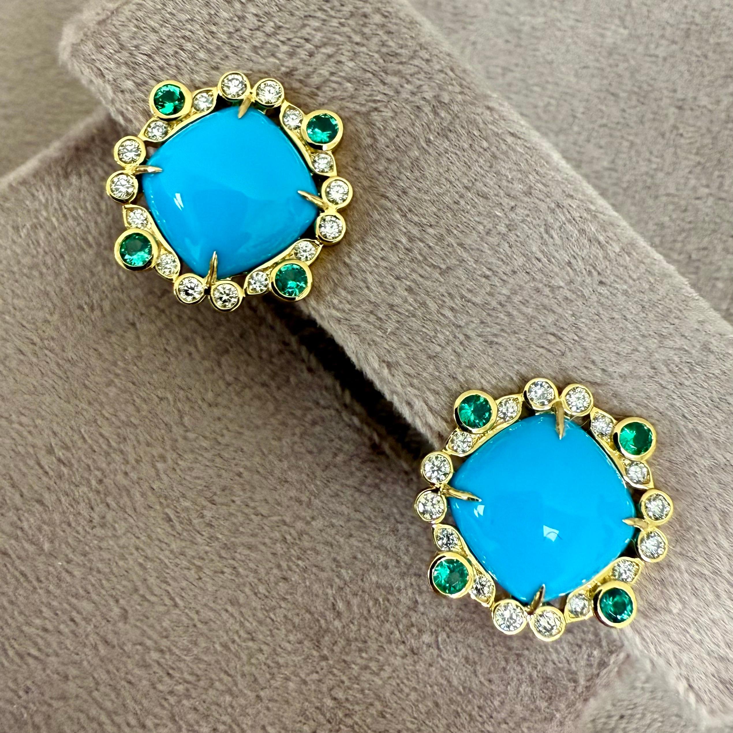 Contemporary Syna Yellow Gold Sleeping Beauty Turquoise, Emeralds and Diamonds Earrings