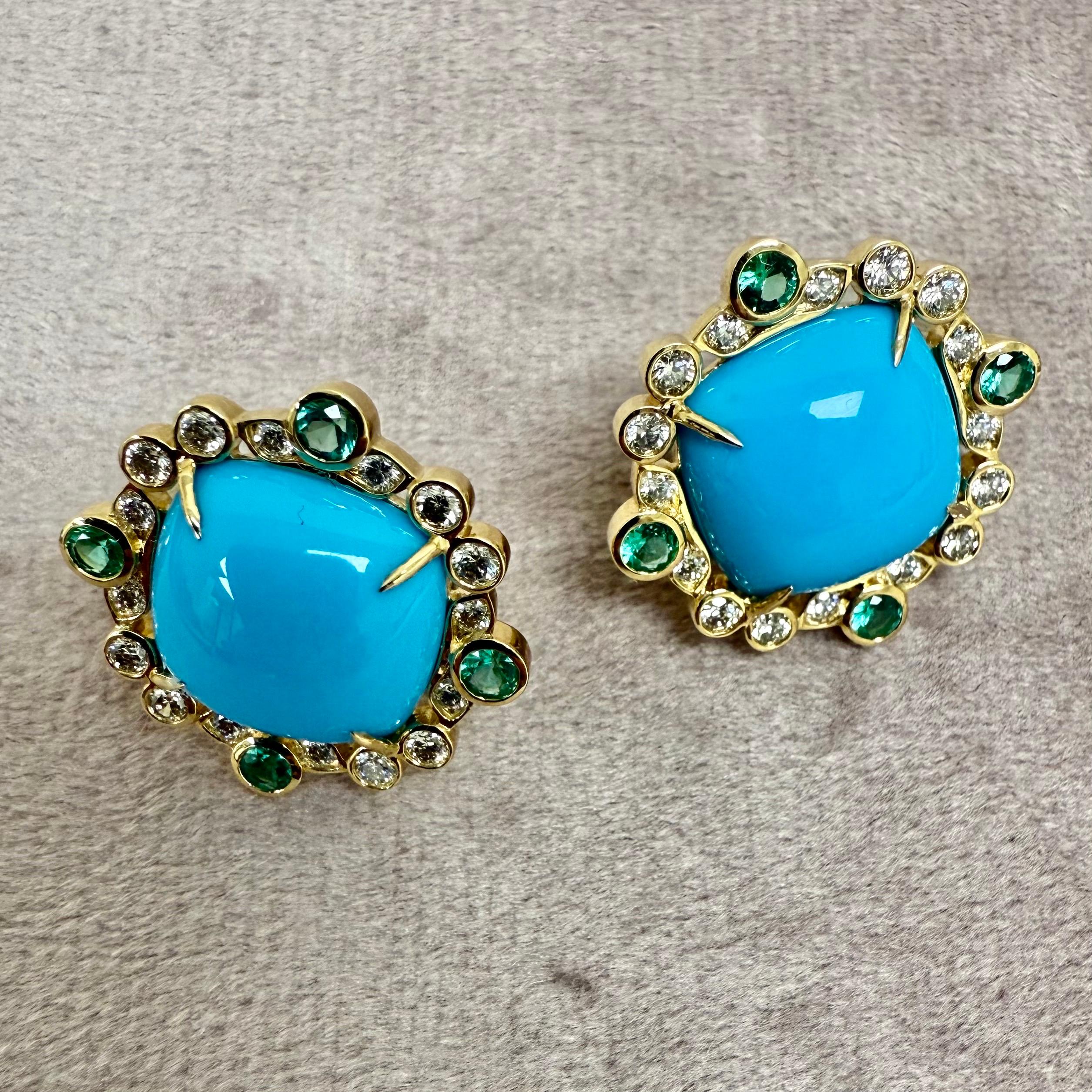 Mixed Cut Syna Yellow Gold Sleeping Beauty Turquoise, Emeralds and Diamonds Earrings
