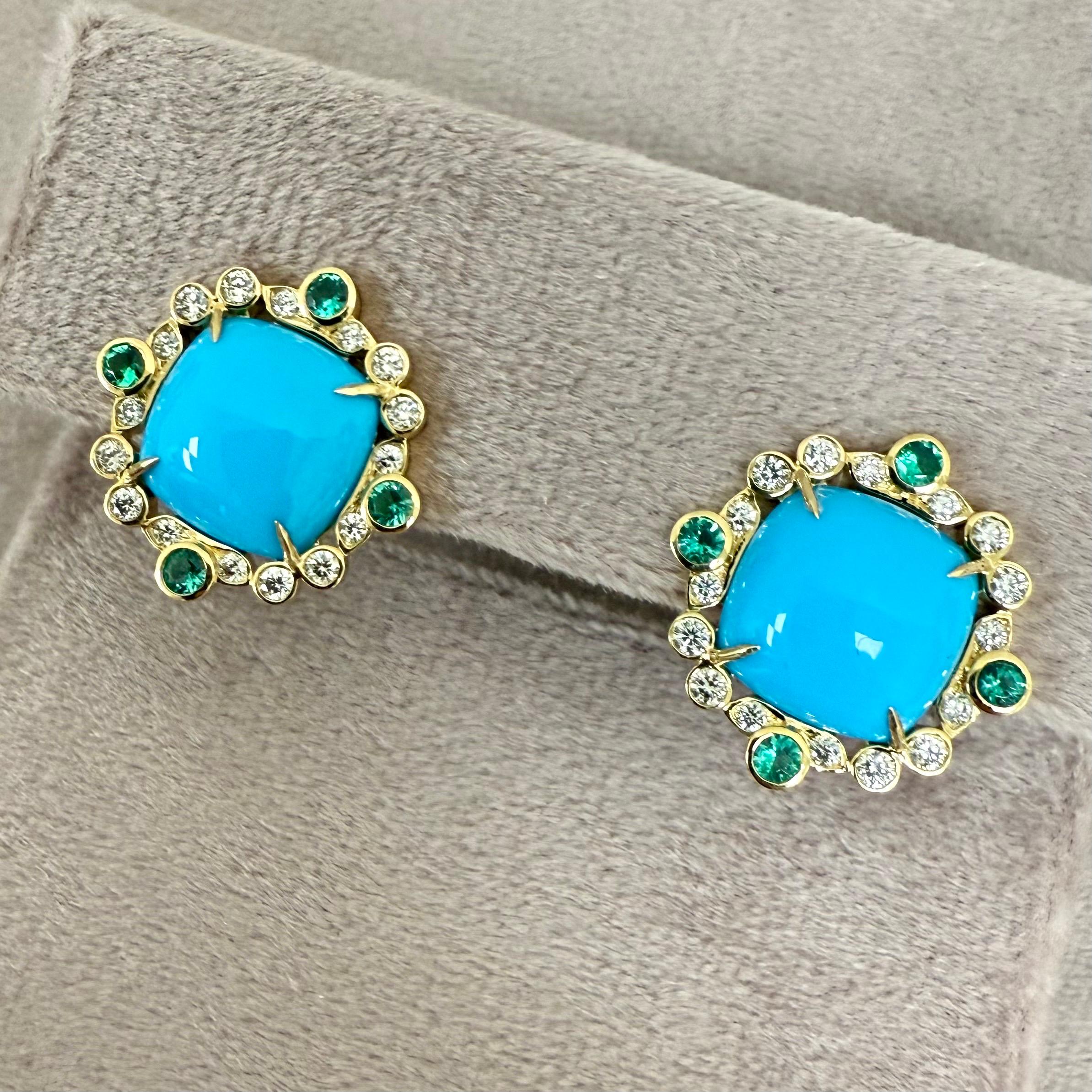 Syna Yellow Gold Sleeping Beauty Turquoise, Emeralds and Diamonds Earrings In New Condition In Fort Lee, NJ
