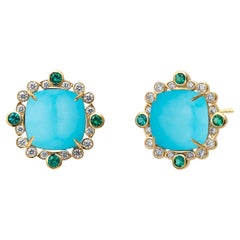 Syna Yellow Gold Sleeping Beauty Turquoise, Emeralds and Diamonds Earrings