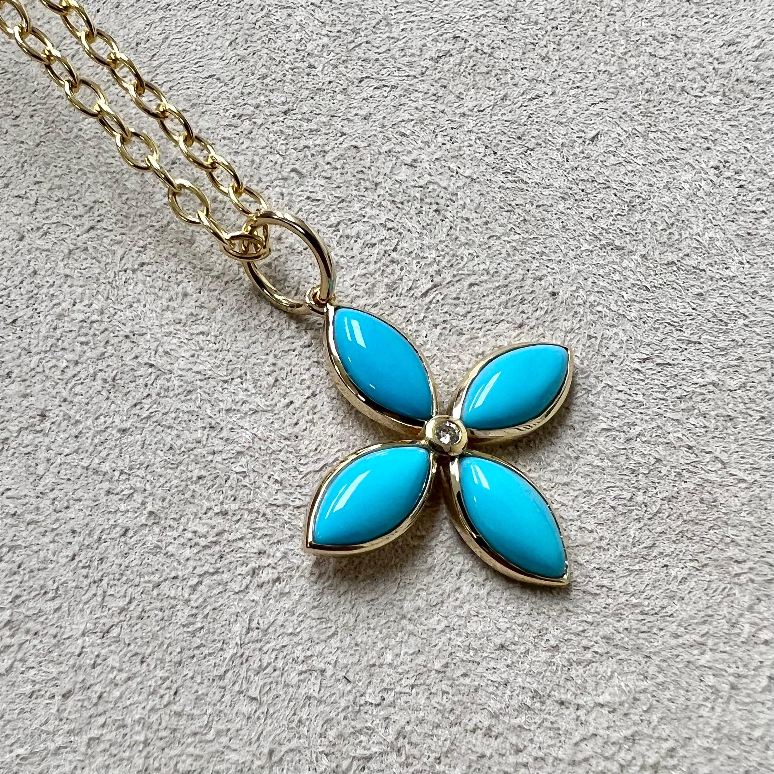 Mixed Cut Syna Yellow Gold Sleeping Beauty Turquoise Flower Pendant with Champagne Diamond For Sale