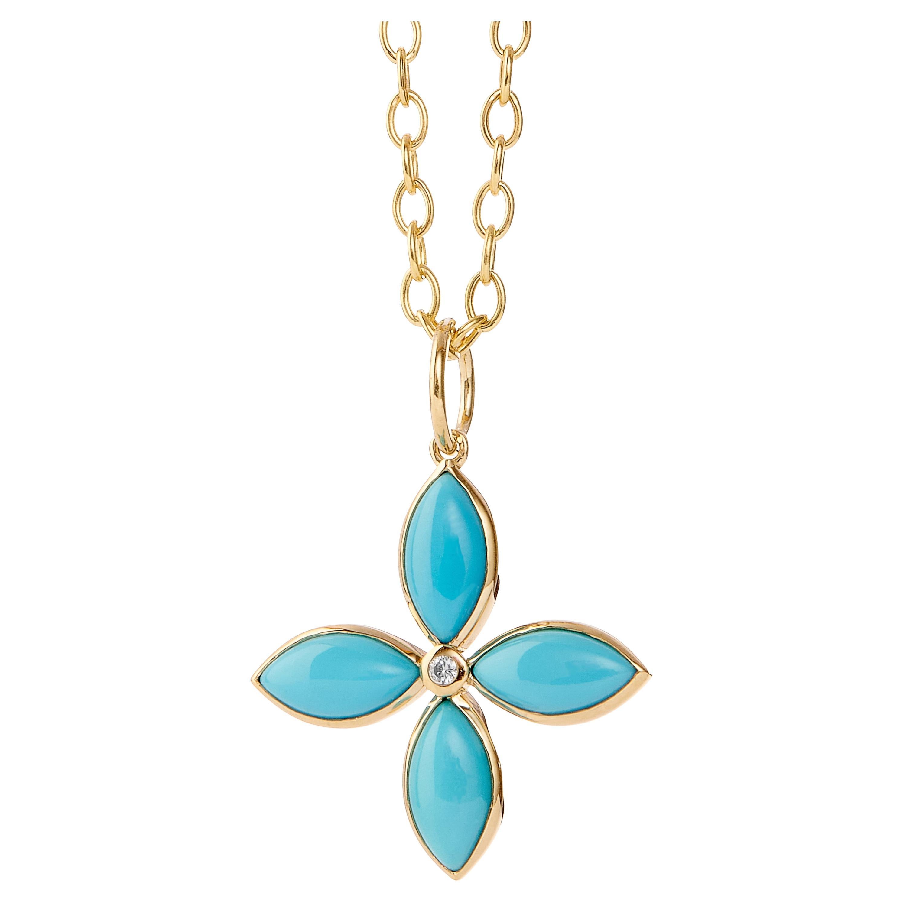 Syna Pendentif fleur Sleeping Beauty en or jaune et turquoise avec diamant champagne