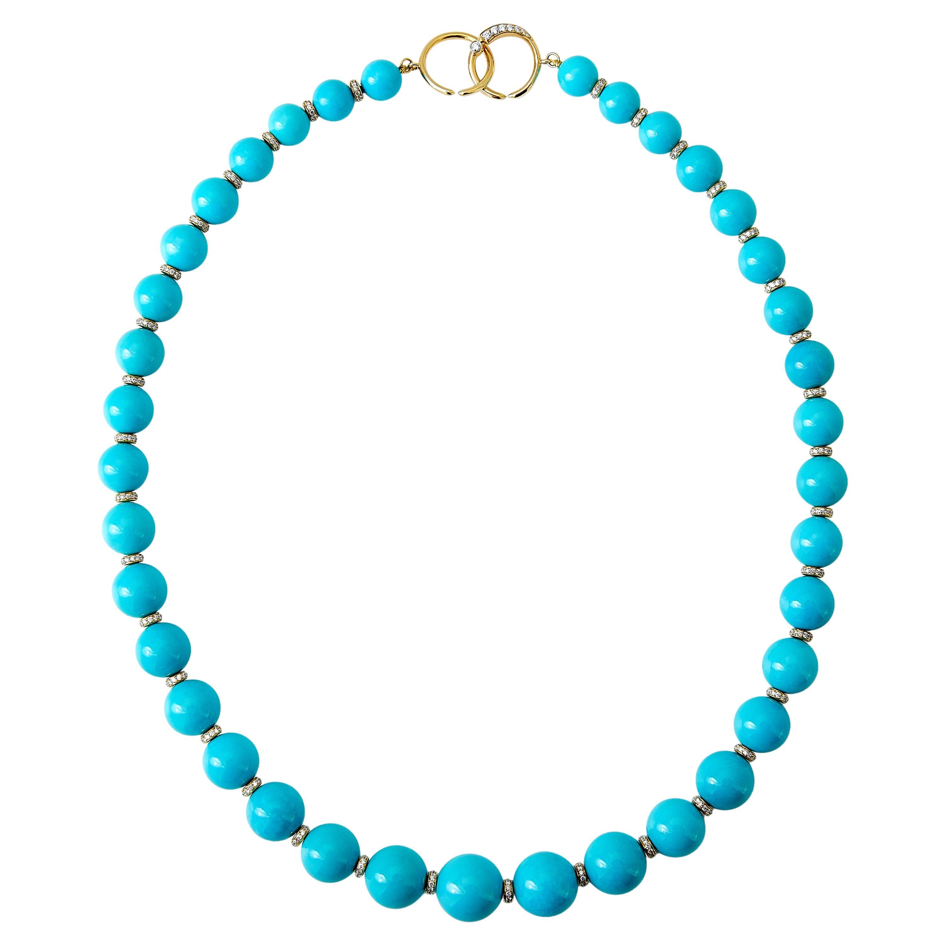 Syna Yellow Gold Sleeping Beauty Turquoise Graduating Bead Necklace with Diamond For Sale