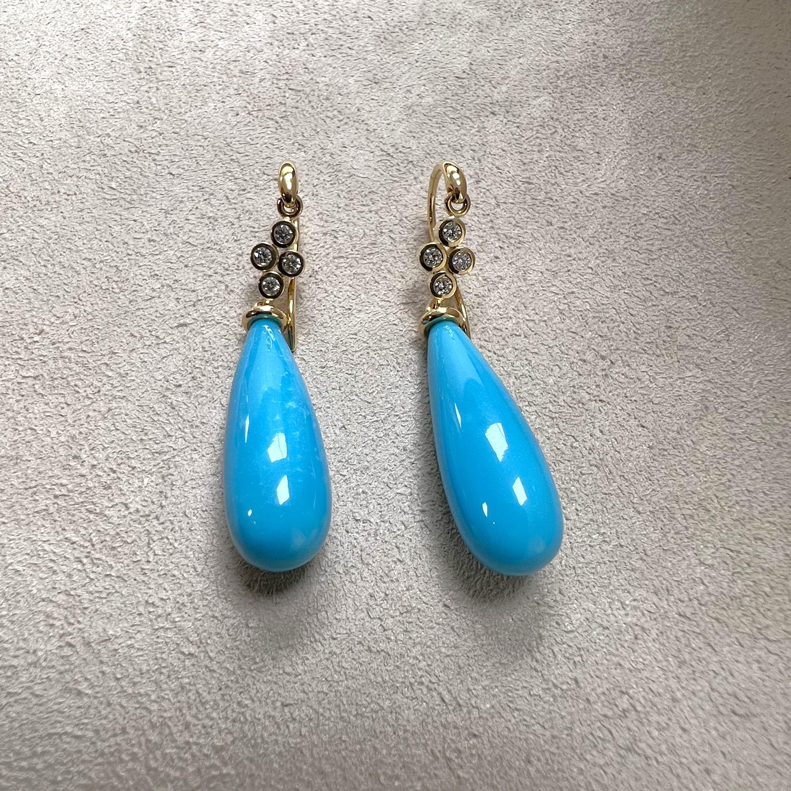 Contemporary Syna Yellow Gold Sleeping Beauty Turquoise Long Drop Earrings with Diamonds For Sale