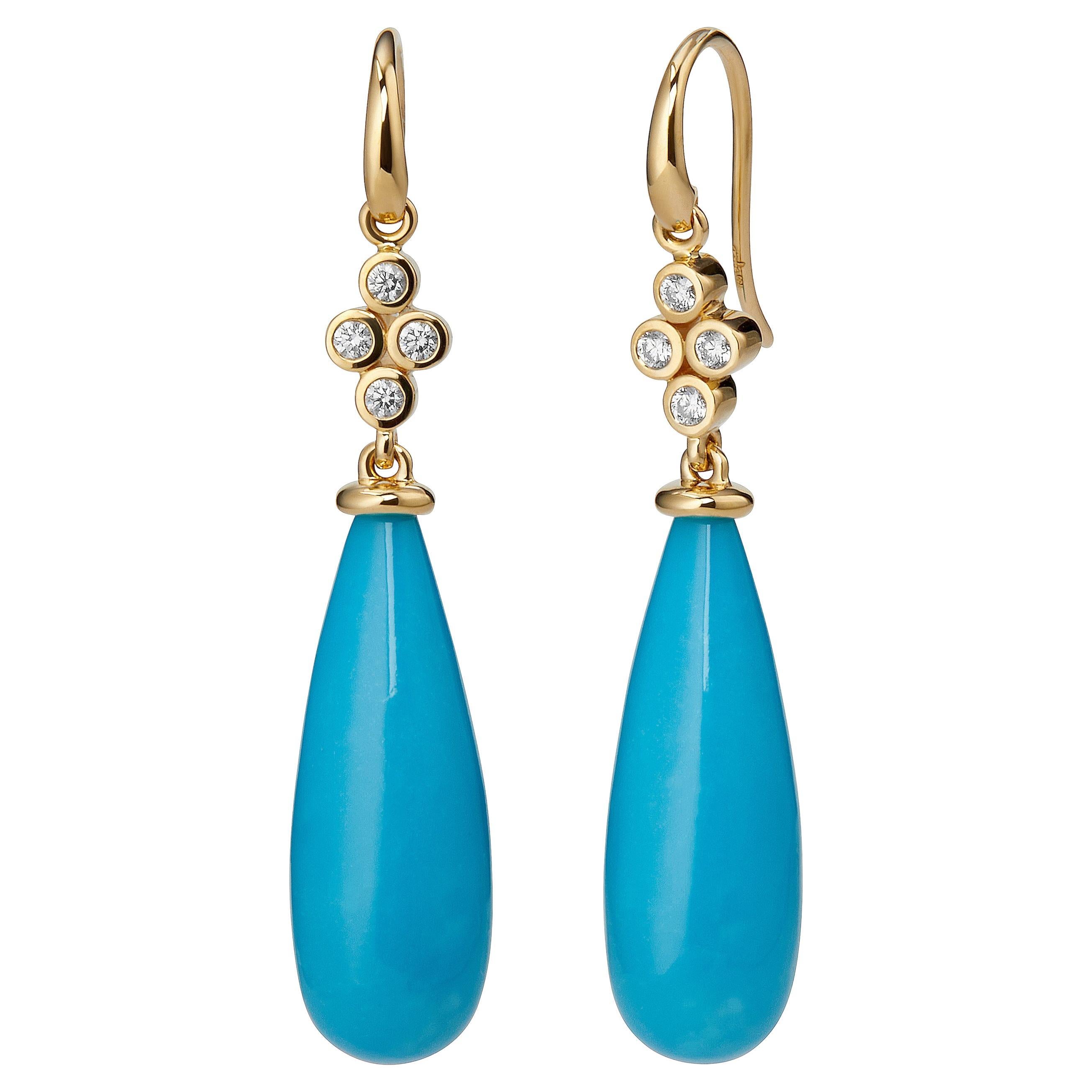 Syna Yellow Gold Sleeping Beauty Turquoise Long Drop Earrings with Diamonds For Sale