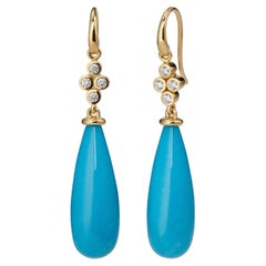 Syna Yellow Gold Sleeping Beauty Turquoise Long Drop Earrings with Diamonds