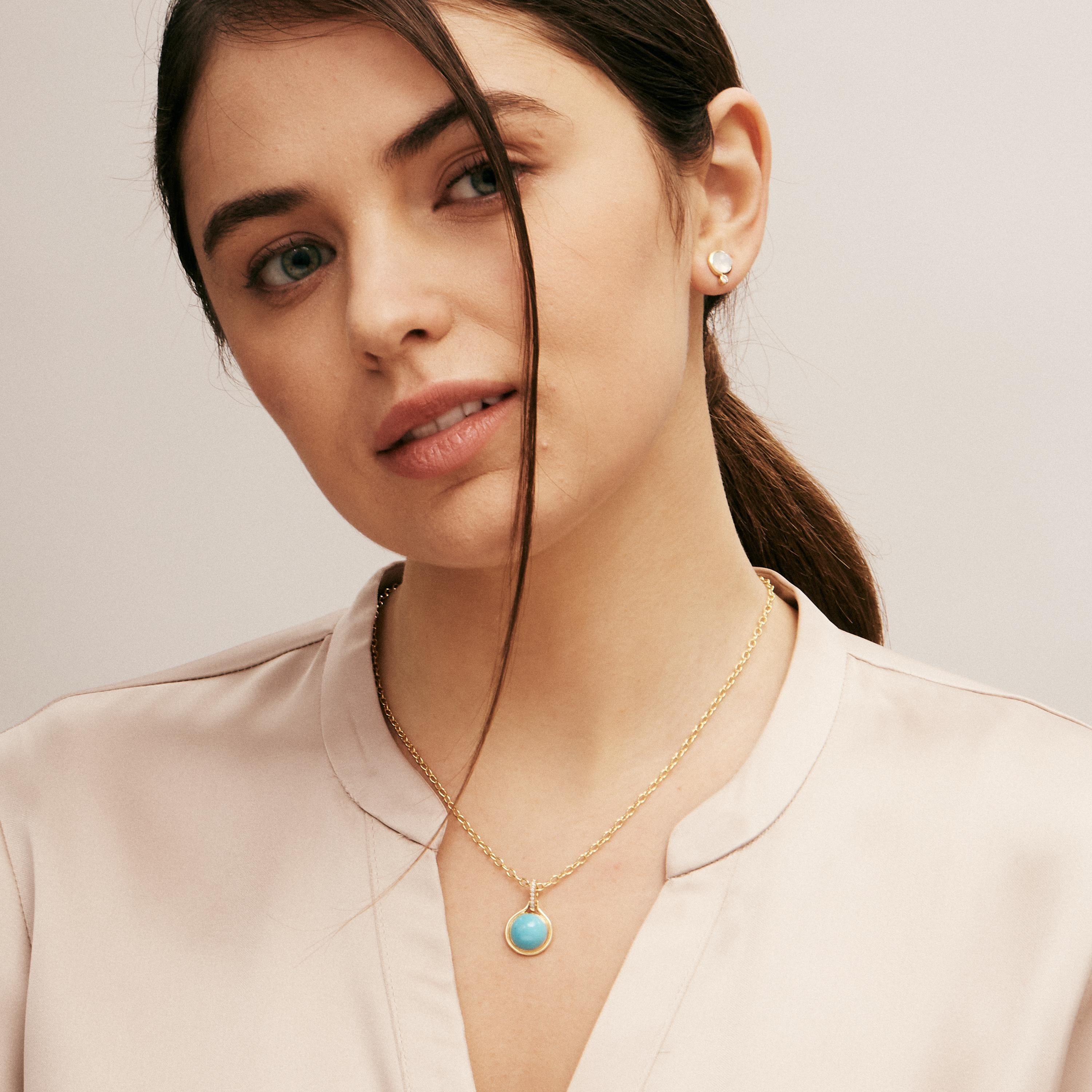 Created in 18 karat yellow gold
Sleeping beauty turquoise 4.50 carats approx.
Champagne diamonds 0.05 carat approx.
Limited edition
Chain sold separately

 About the Designers ~ Dharmesh & Namrata

Drawing inspiration from little things, Dharmesh &