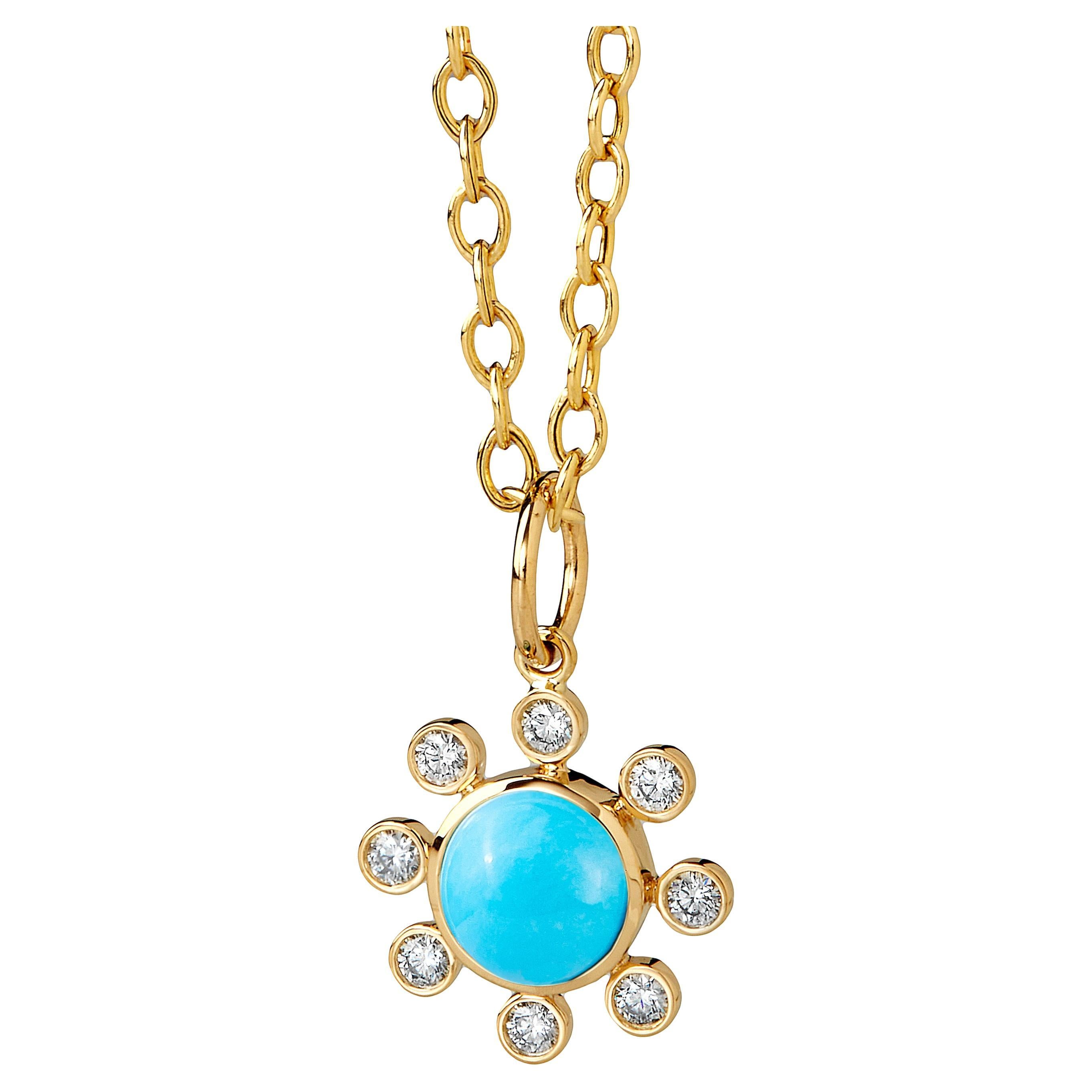 Syna Yellow Gold Sleeping Beauty Turquoise Pendant with Diamonds For Sale