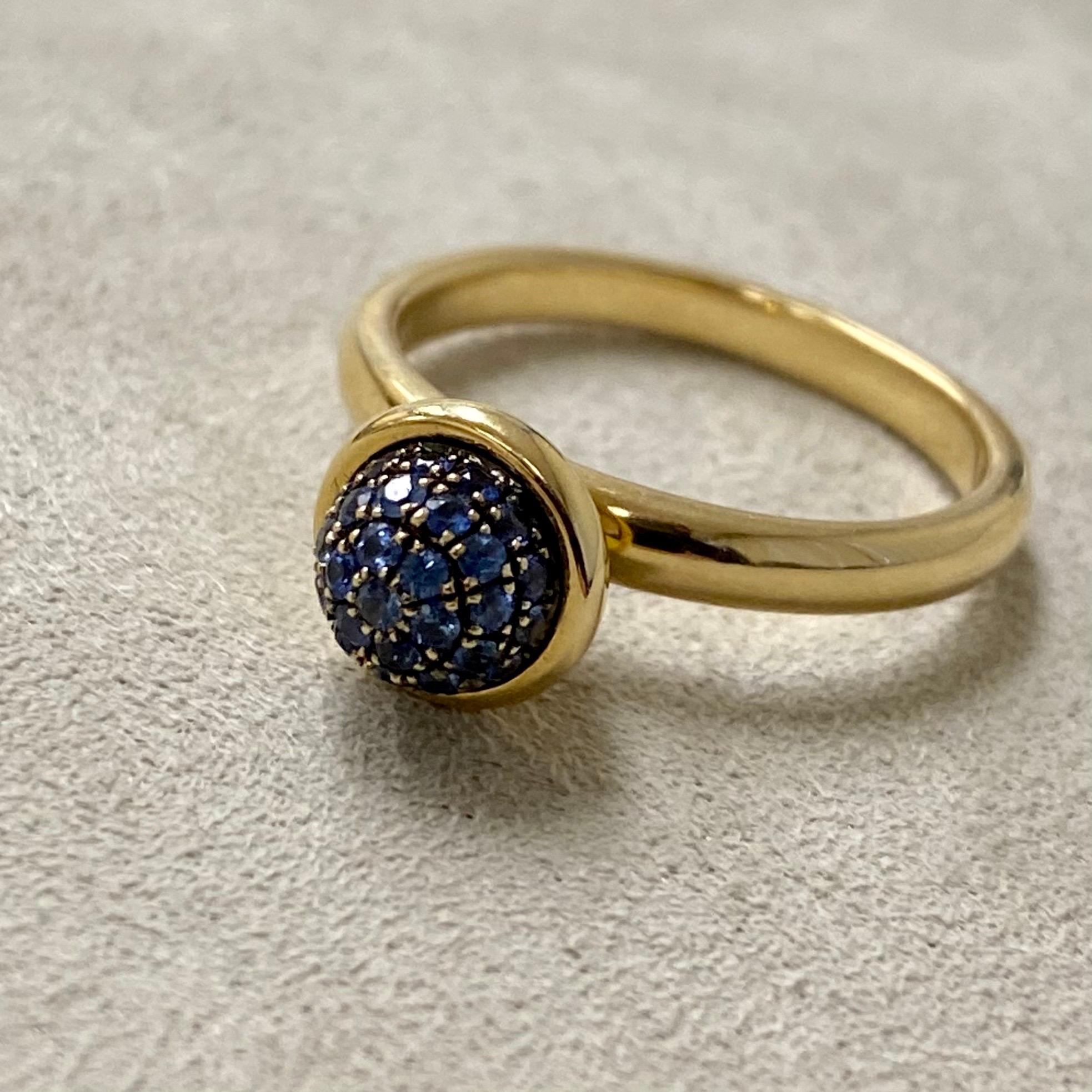 Created in 18 karat yellow gold
Blue sapphires 0.30 carat approx.
Blue sapphire pave ring 8 mm diameter approx.
Ring size US 6.5, can be sized upon request.

Expertly crafted from 18 karat yellow gold, this stunner features a sprawling 0.30 carat