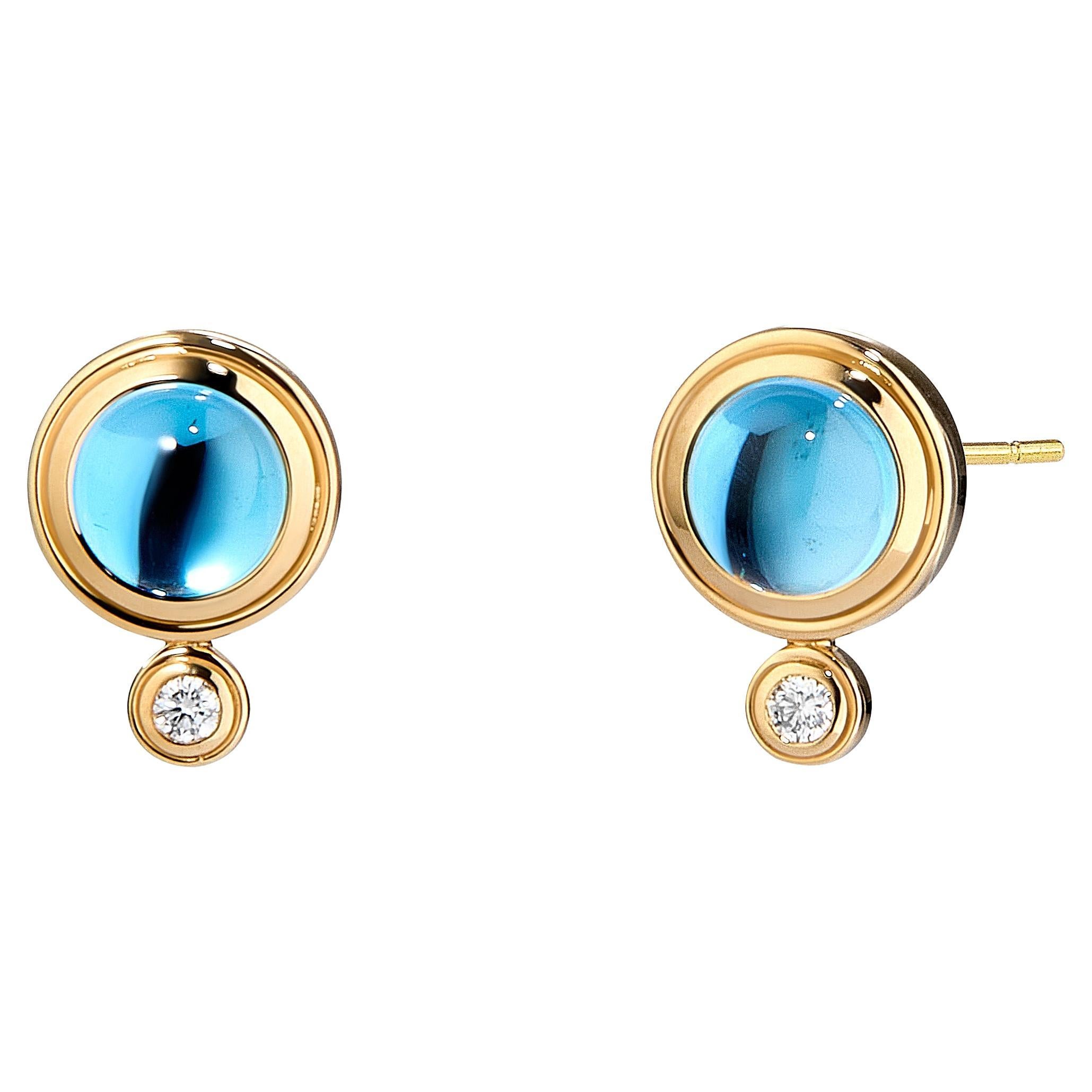 Syna Yellow Gold Small Blue Topaz and Diamond Studs For Sale