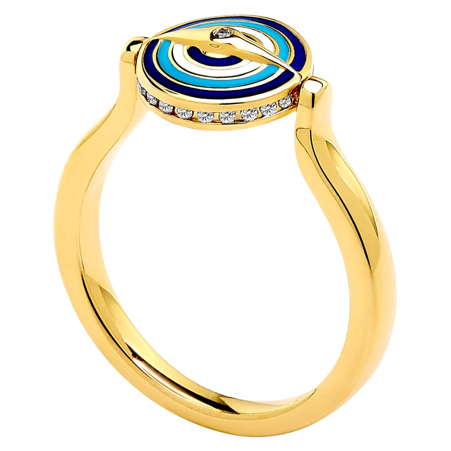 Syna Yellow Gold Small Reversible Evil Enamel Ring with Diamonds For Sale