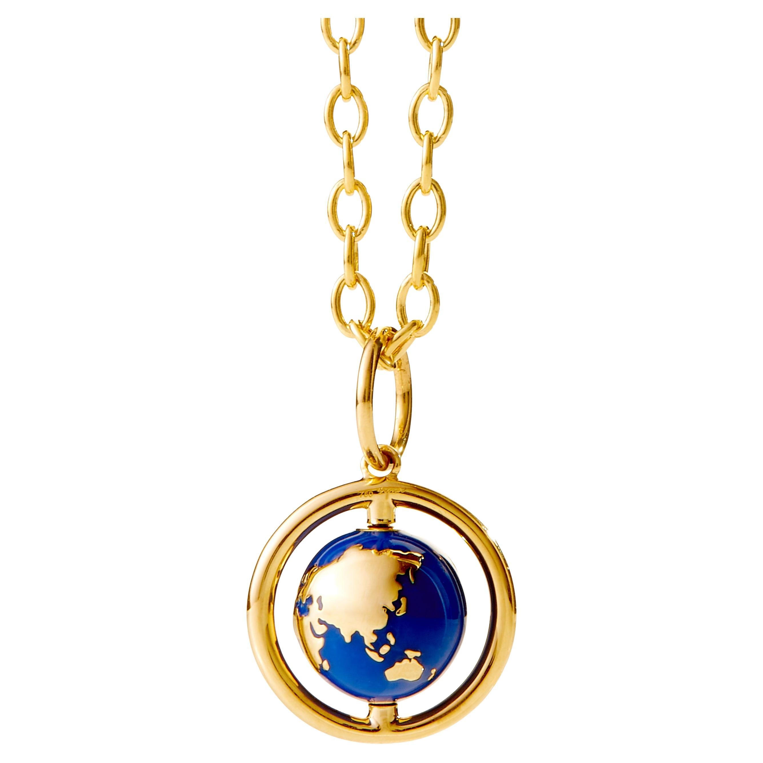 Syna Yellow Gold Small Rotating Earth Pendant with Lapis Enamel For Sale