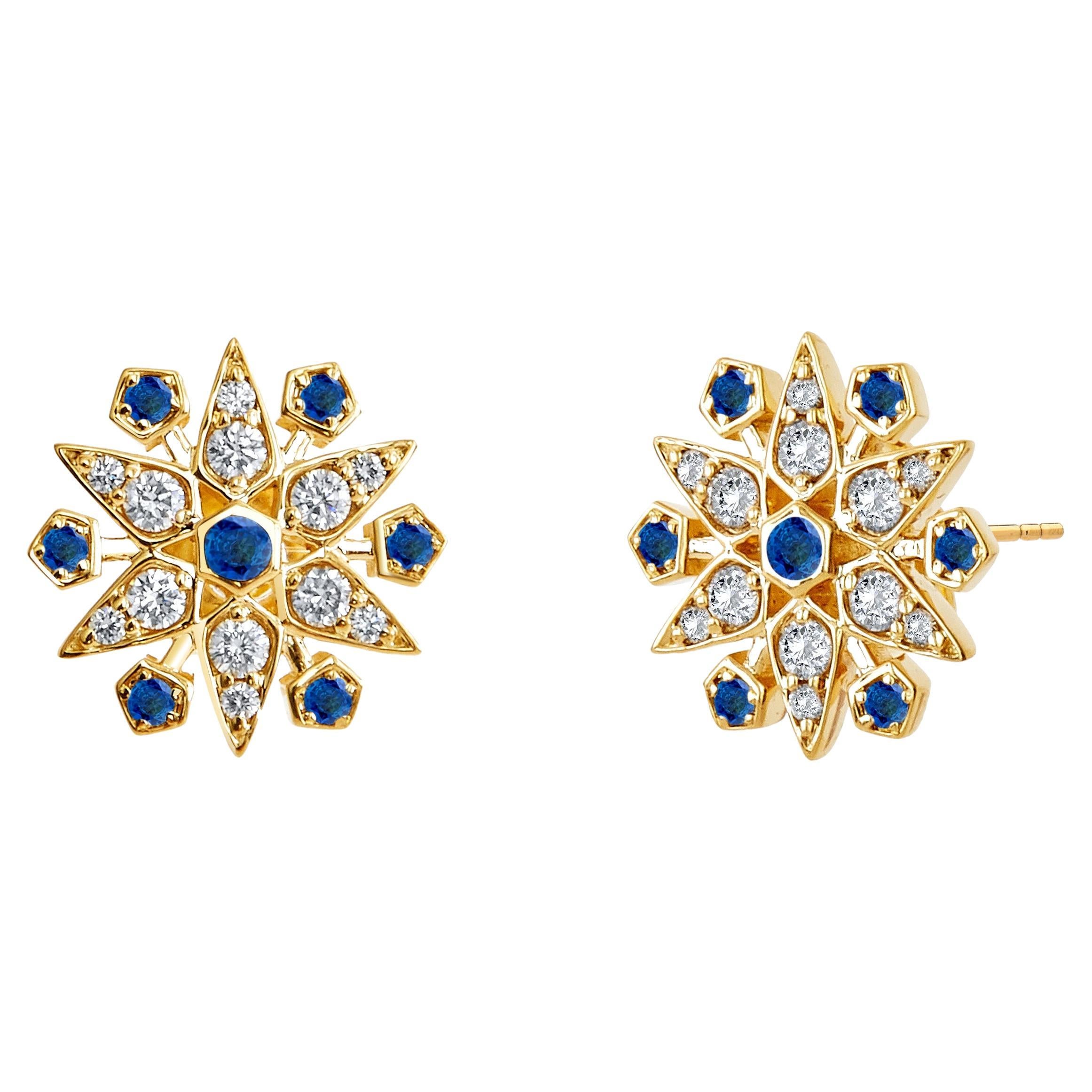Syna Yellow Gold Starburst Earrings with Blue Sapphires and Diamonds For Sale