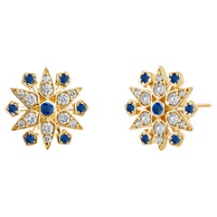 Syna Starburst-Ohrringe aus Gelbgold mit blauen Saphiren und Diamanten