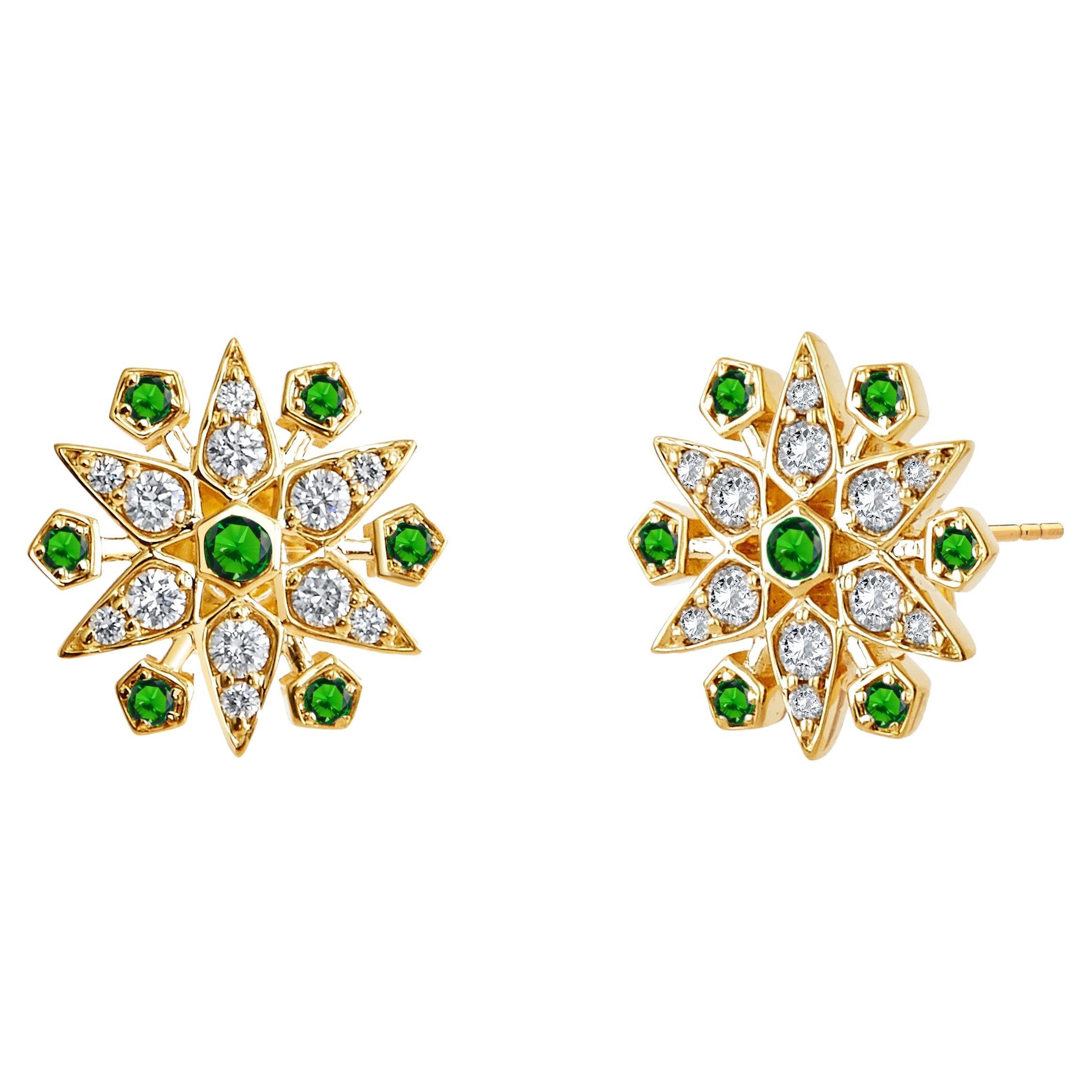 Syna Yellow Gold Starburst Earrings with Emeralds and Diamonds For Sale