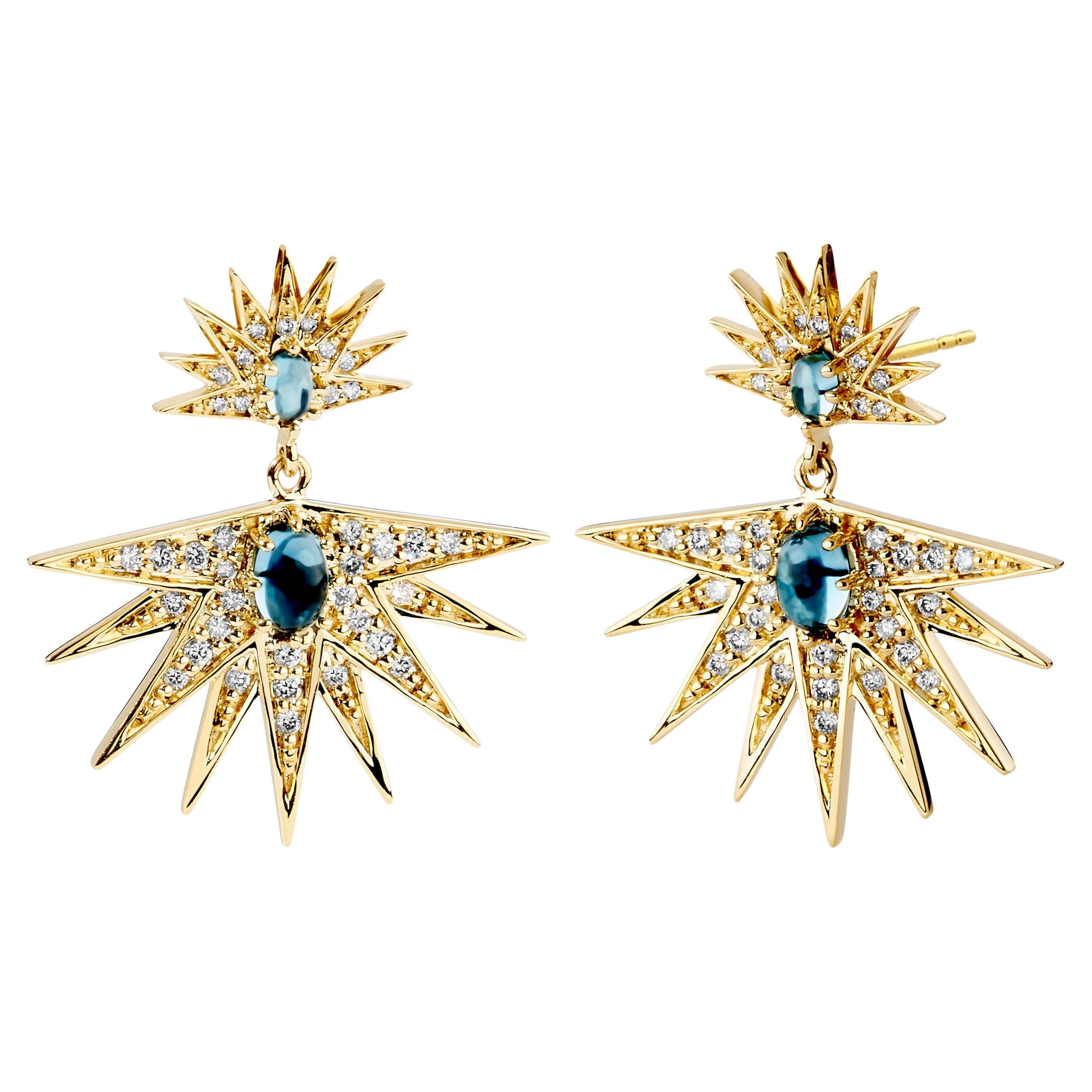 London Blue Topaz Sapphire Black Diamond Gold Cluster Drop Earrings For ...