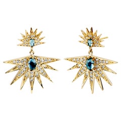 Syna Yellow Gold Starburst Earrings with London Blue Topaz and Diamonds