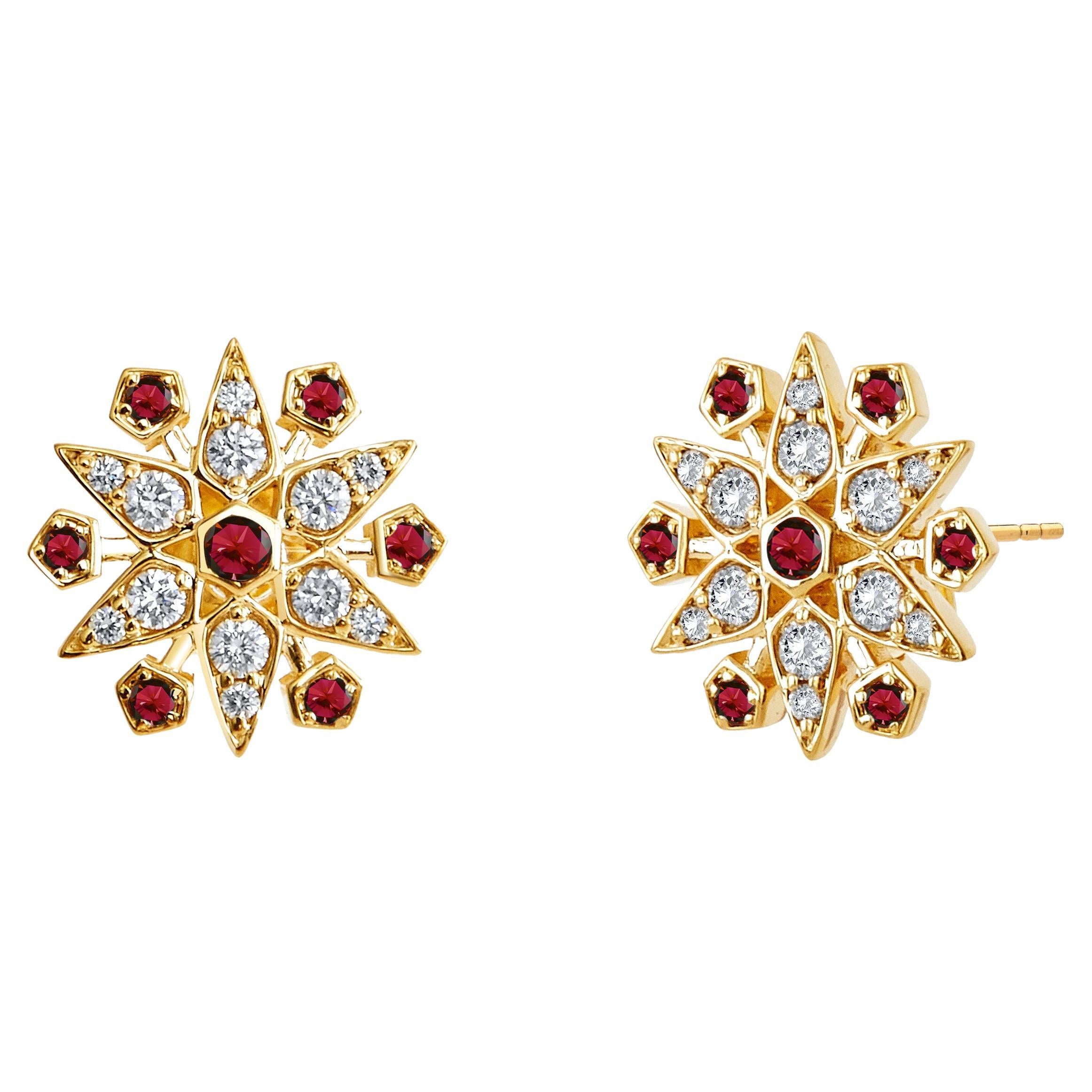 Syna Yellow Gold Starburst Earrings with Rubies and Diamonds